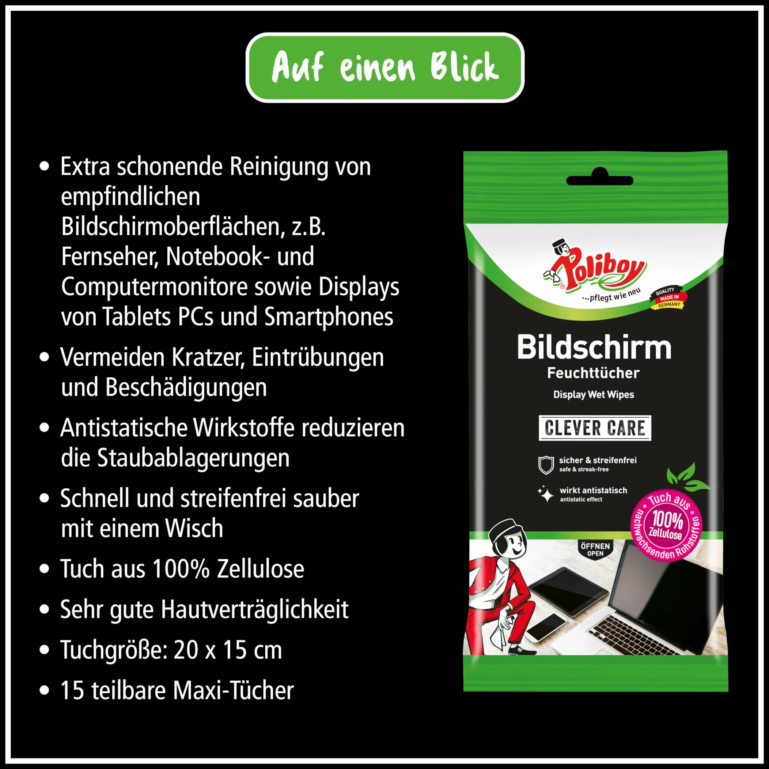 POLIBOY chusteczki nawilżane do ekranu – ściereczki do czyszczenia wyświetlacza z efektem antystatycznym – 3 x 15 chusteczek – z próbką produktu – Made in Germany