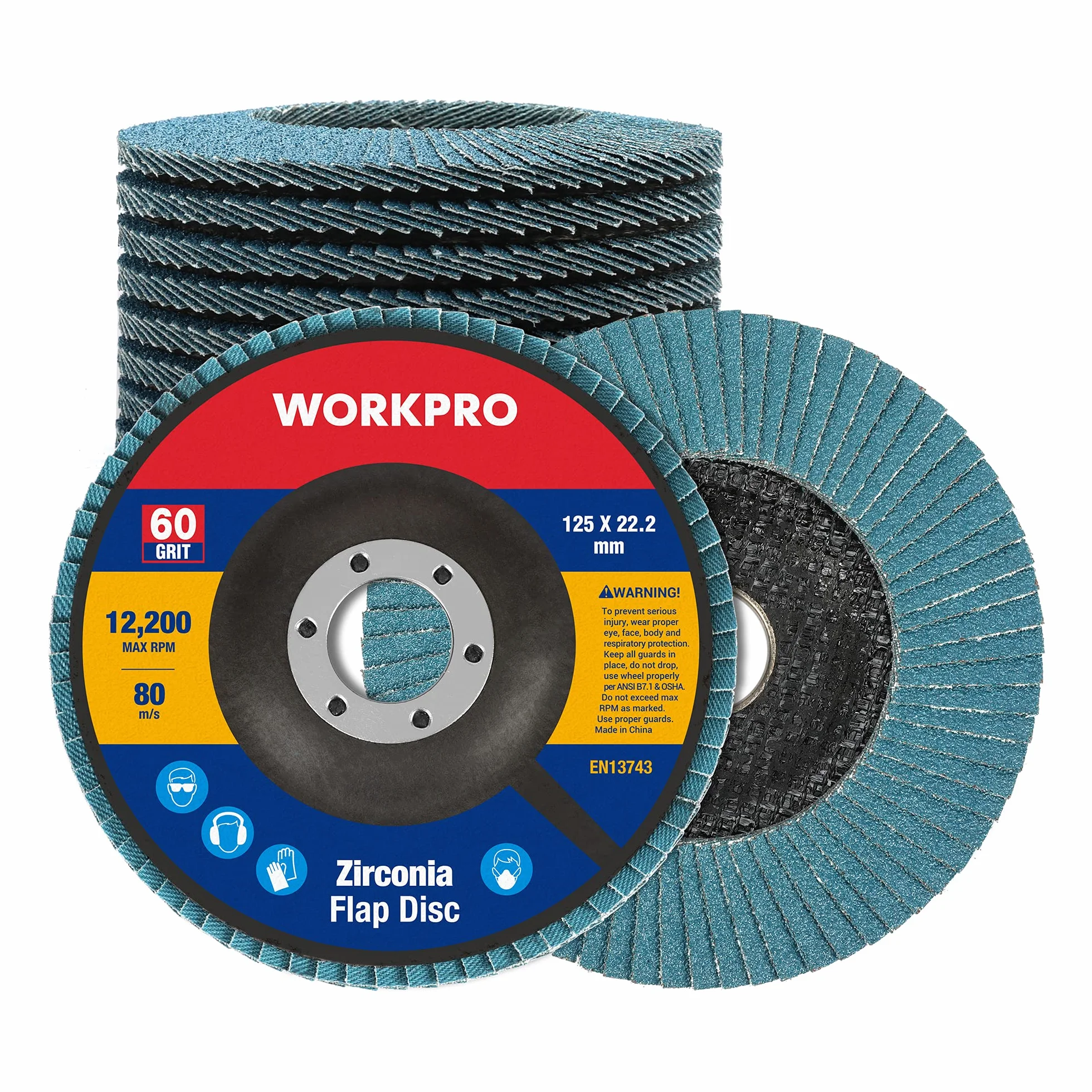 WORKPRO Zestaw 10 tarcz ściernych 125 mm, ziarno 60, najwyższej jakości tarcza szlifierska z tlenku glinu do usuwania zadziorów, rdzy, polerowania, wykończenia