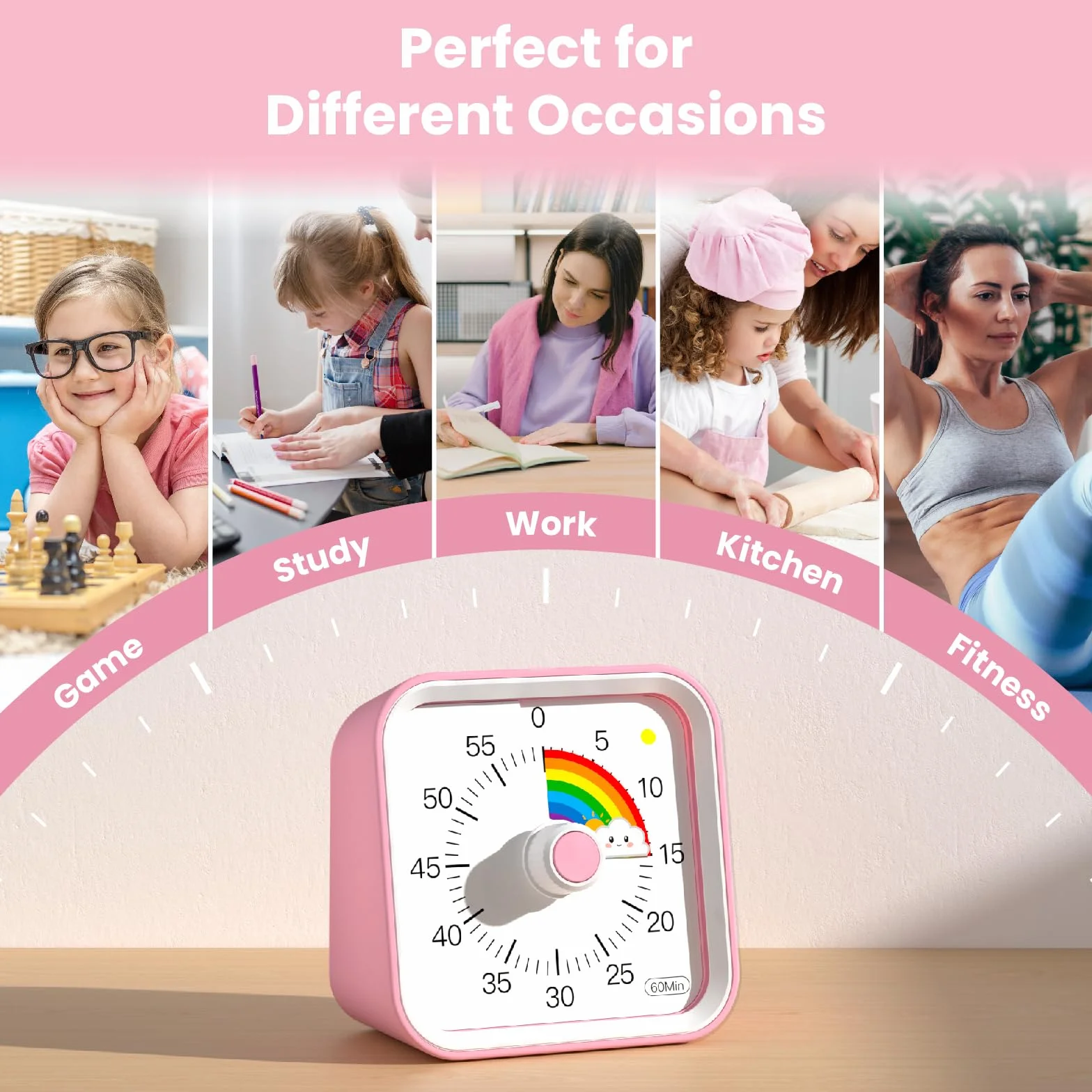 Wizualny timer dla dzieci z funkcją pauzy, uroczy cichy timer z tęczą do klasy, nauczania, zadań, kuchni, zarządzanie czasem odliczania 60 minut do ADHD (tęczowy róż)