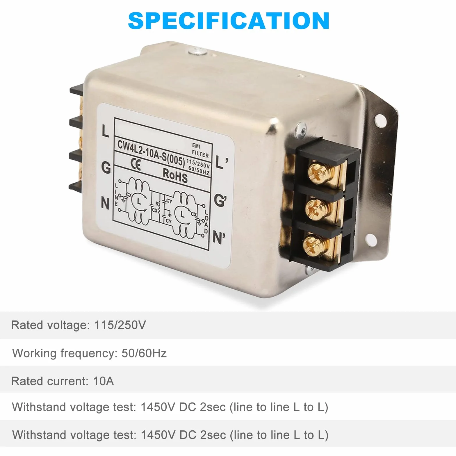 Filtr sieciowy EMI 115V 250V 10A 50/60 Hz jednobiegunowy dwubiegunowy