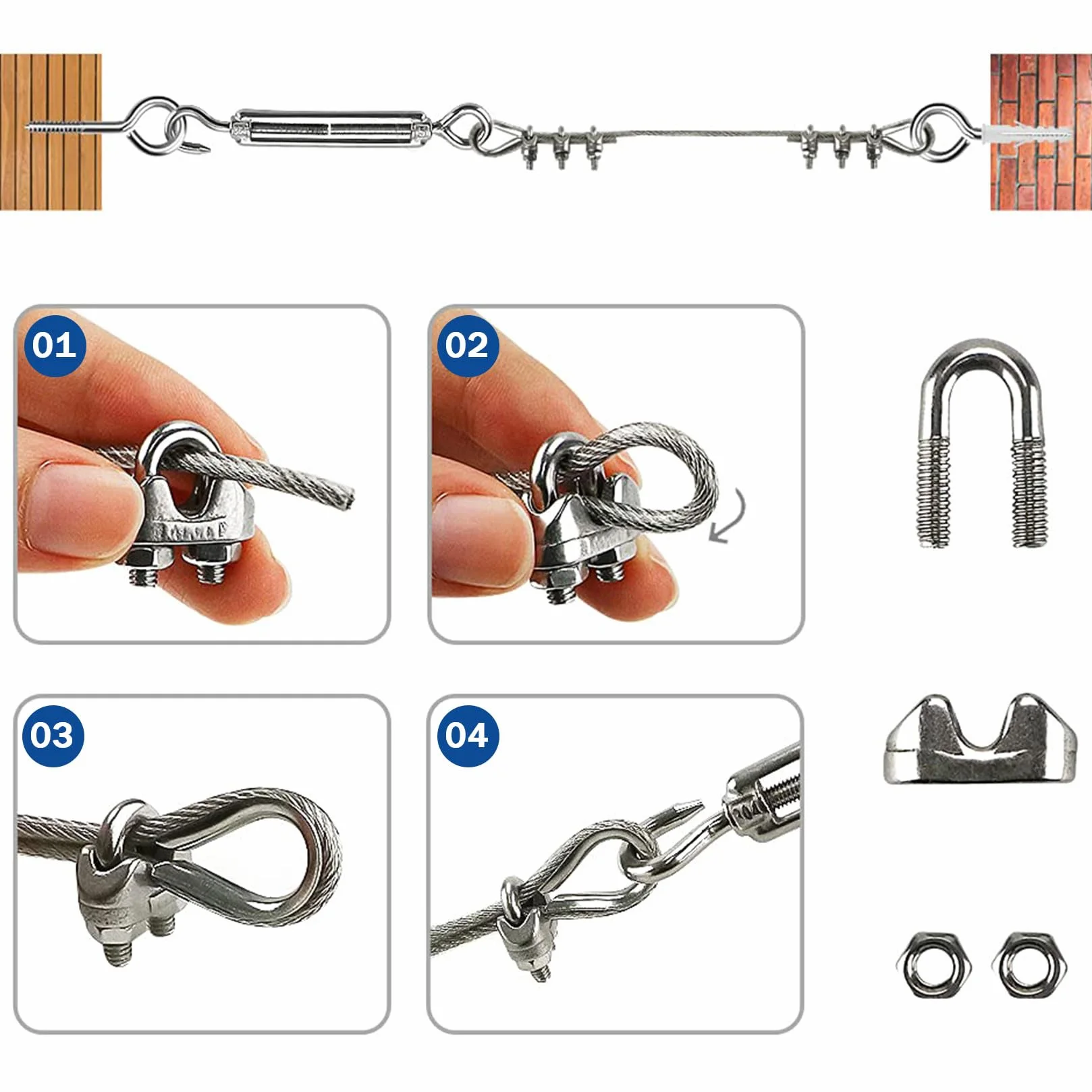 Zacisk linowy 6 mm, 20 sztuk zacisków ze stali nierdzewnej M6, zaciski do linek stalowych Ø 6 mm (6 mm)