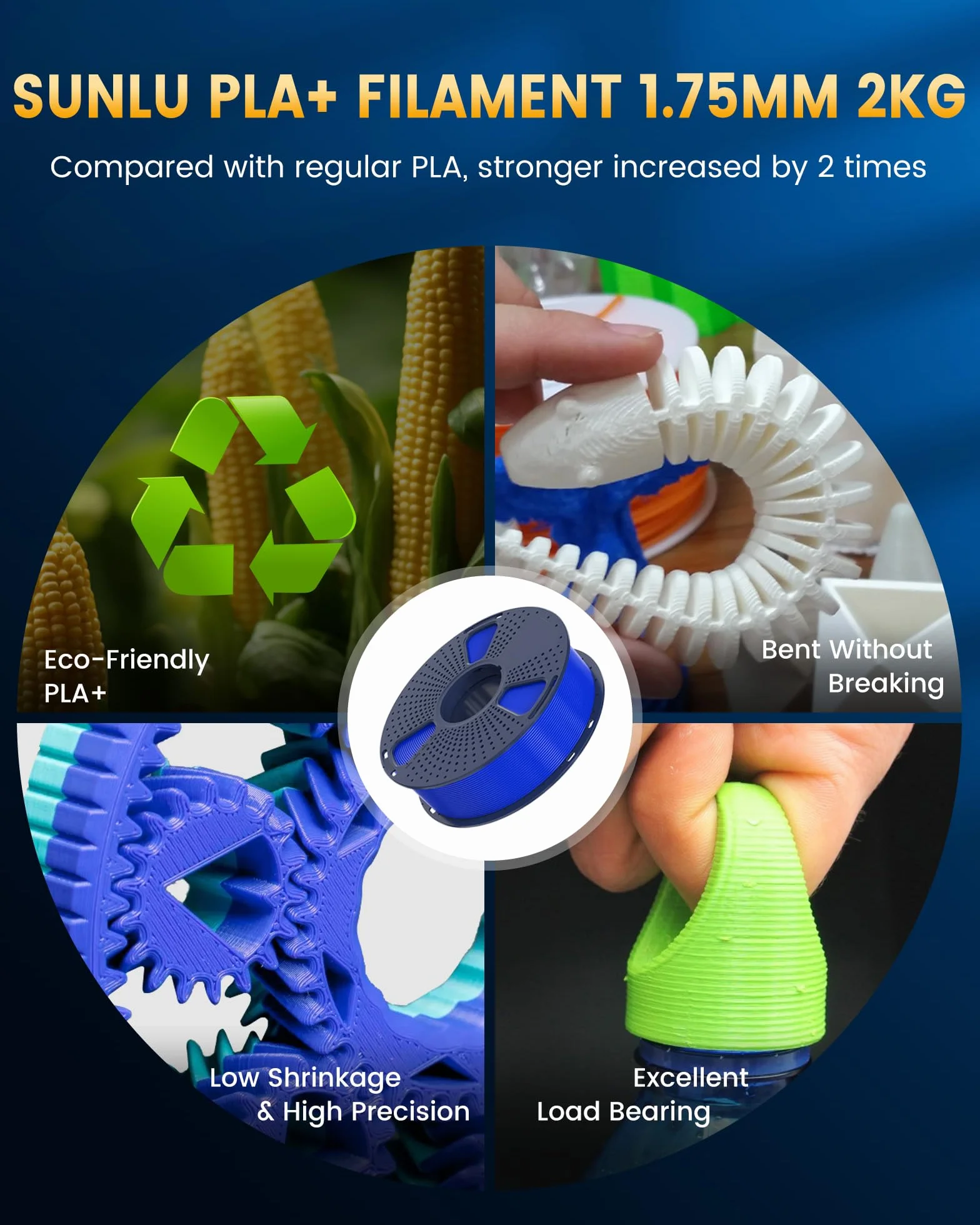 SUNLU PLA+2.0 Filament 1.75mm, Ulepszony filament PLA Plus do drukarek 3D, Mocniejszy i bardziej wytrzymały, Szybki filament PLA+ do Drukarki 3D, Szpula 1 kg, Biały