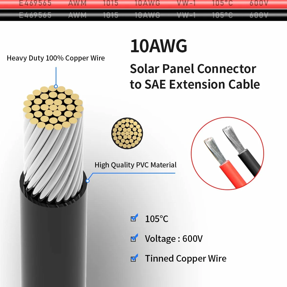 ELFCULB Złącze słoneczne 10AWG 2FT adapter SAE przedłużacz panelu słonecznego z polaryzacją SAE