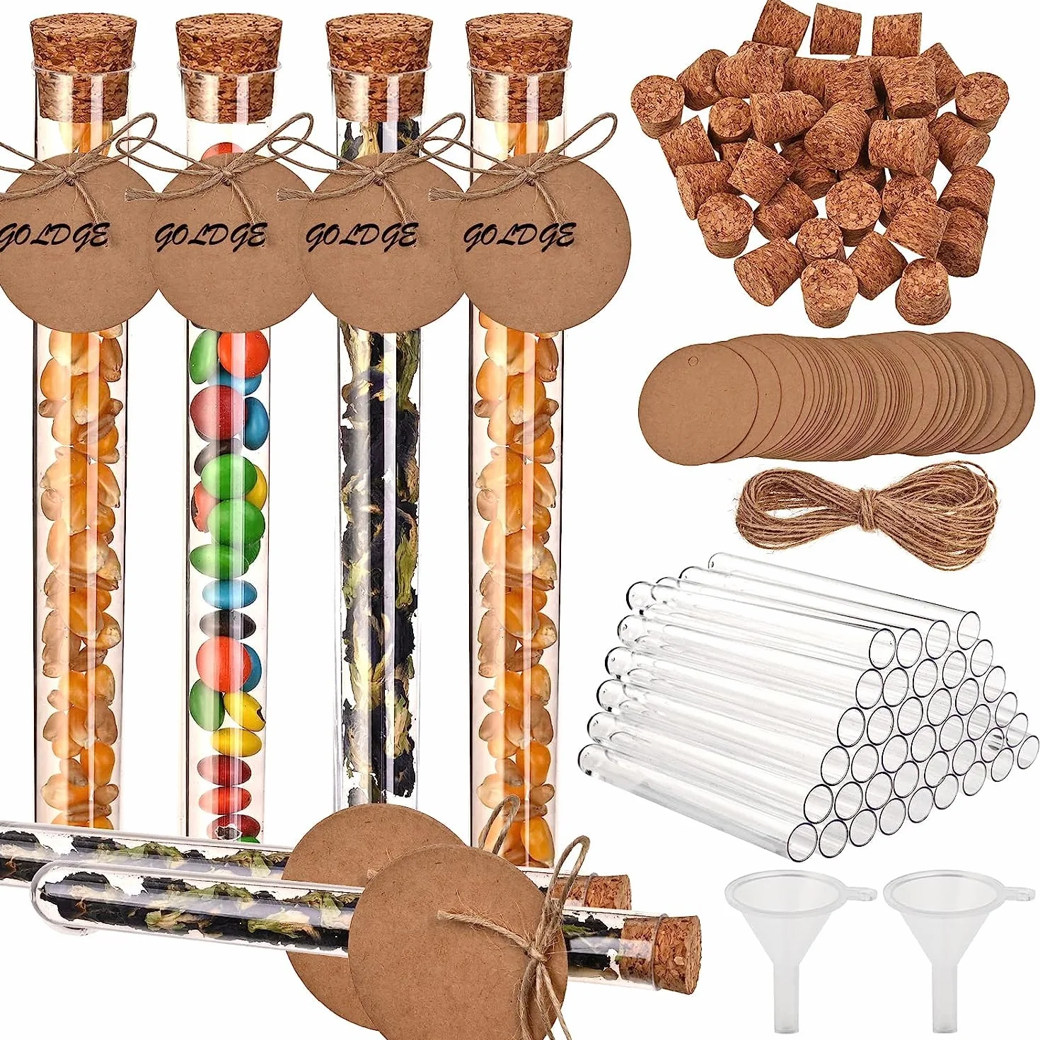 Probówki z tworzywa sztucznego 20 ml 150 x 16 mm z korkiem, 40 sztuk, zawieszki kraft, lina konopna 10 m, lejki 2 sztuki