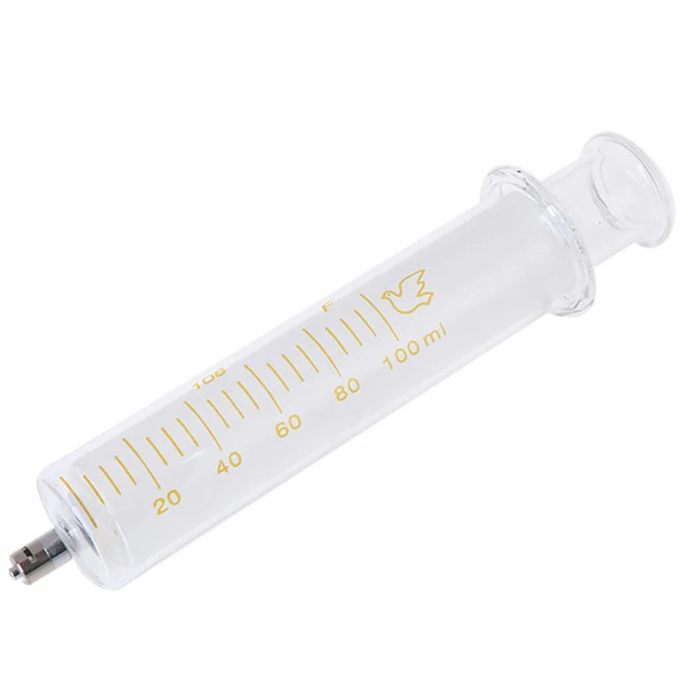 Szklana strzykawka Luer Lock 100 ml wielokrotnego użytku, metalowy kaliber wtryskiwacz laboratoryjny