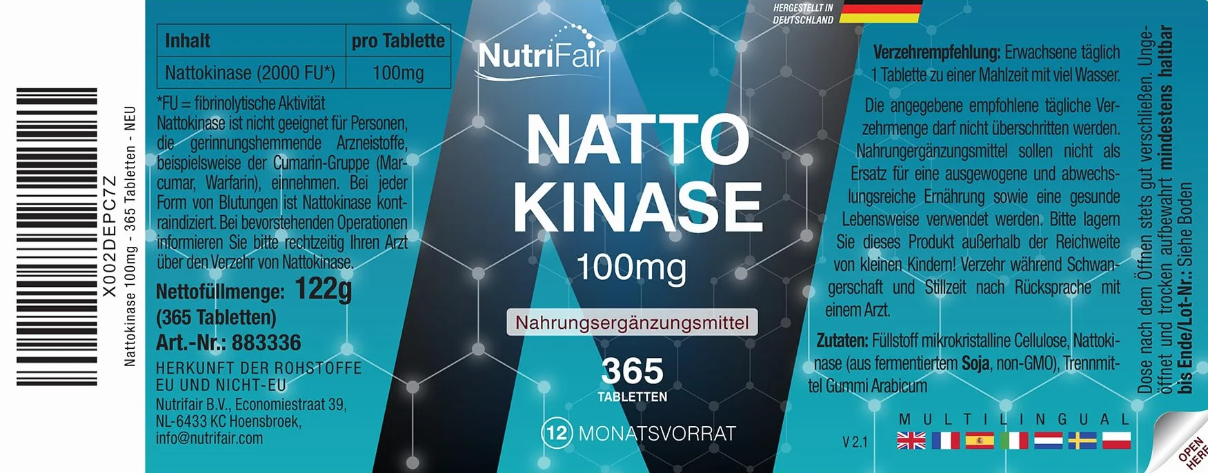 Nattokinaza 100mg (20.000 FU/g) – 365 tabletek – enzym natto – wysoka dawka – 100% wegański – produkcja i badania laboratoryjne w Niemczech – NutriFair | Premium & Fair