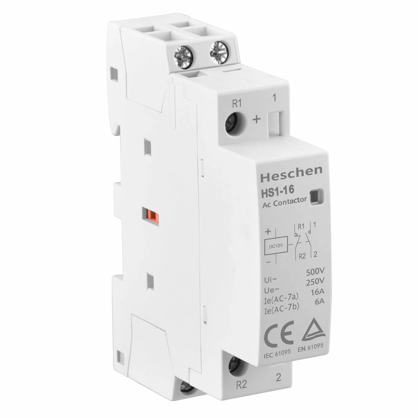 Heschen Stycznik domowy AC, HS1-16, Ie 16A, 2-biegunowy, 1NO 1NC, DC 12 V napięcie cewki, 35 mm montaż na szynie DIN