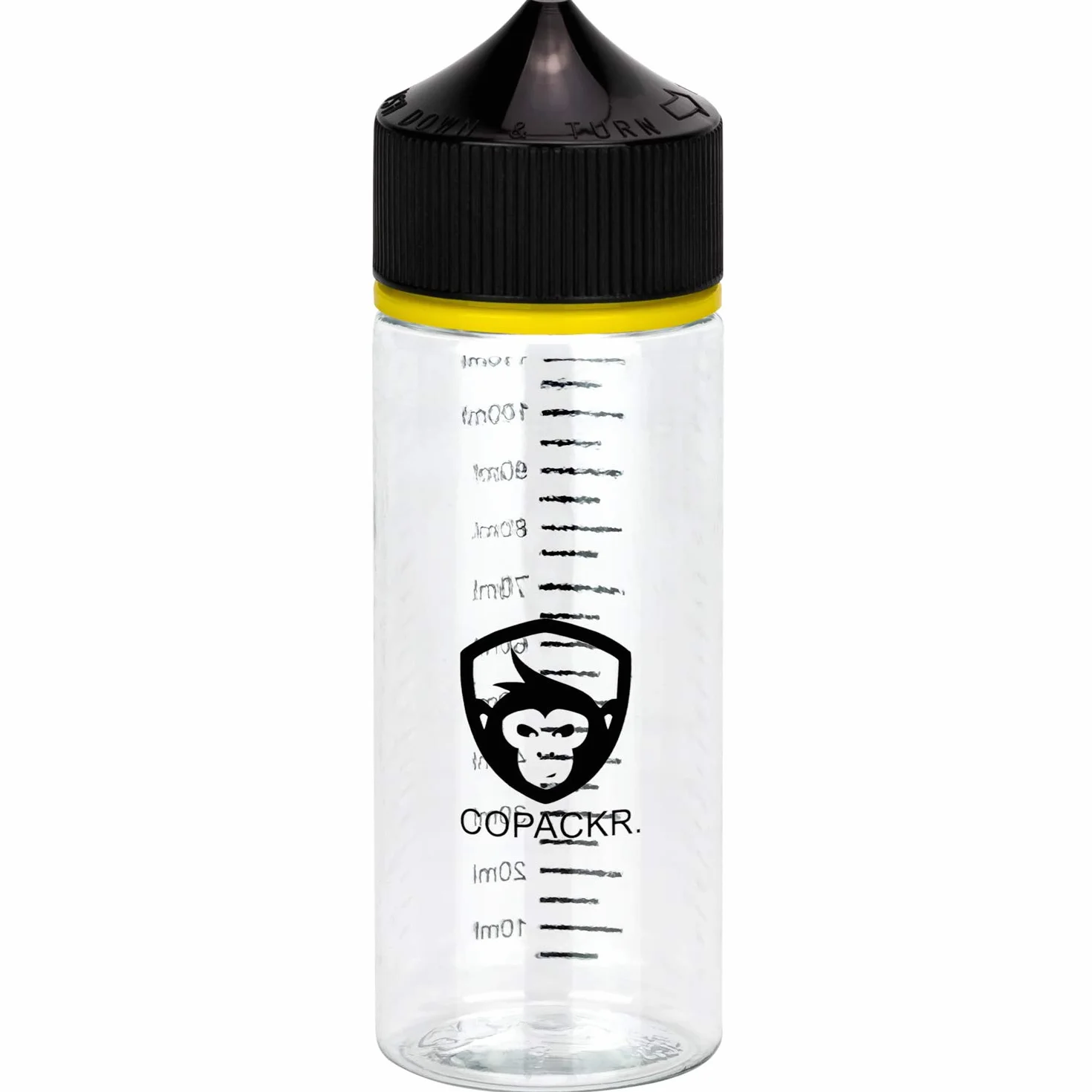 Copackr V3 5 butelek x 120 ml stopniowane butelki PET firmy Chubby Gorilla – butelki z kroplomierzem (przezroczysta butelka z czarnym zamknięciem)
