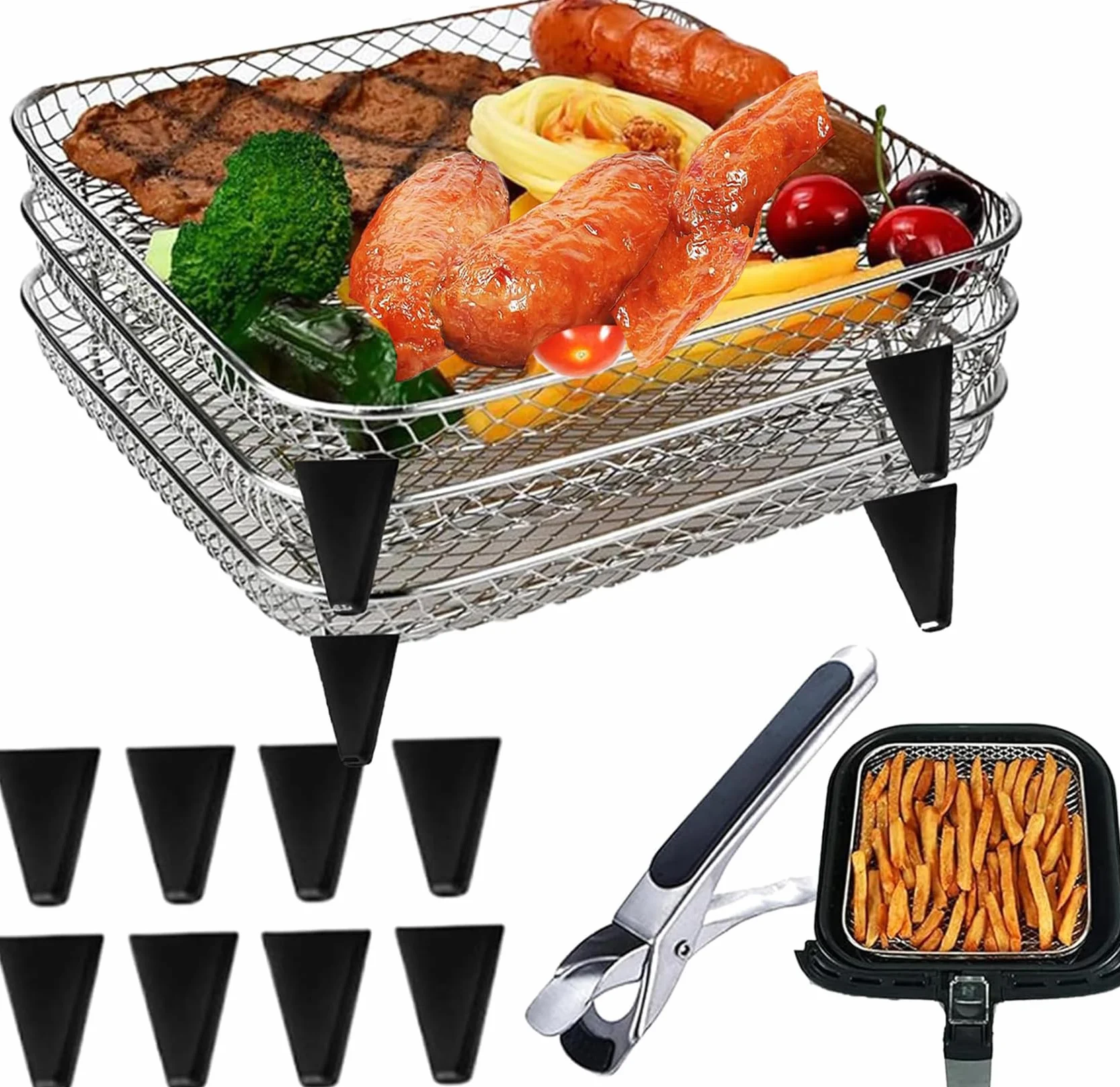 Stojaki do frytkownic, kosz do frytkownic na gorące powietrze, kosze ze stali nierdzewnej Frytter do Airfryer układane w stos, kosze do Airfryer, stojak do frytkownic, ruszt grillowy do frytkownic na