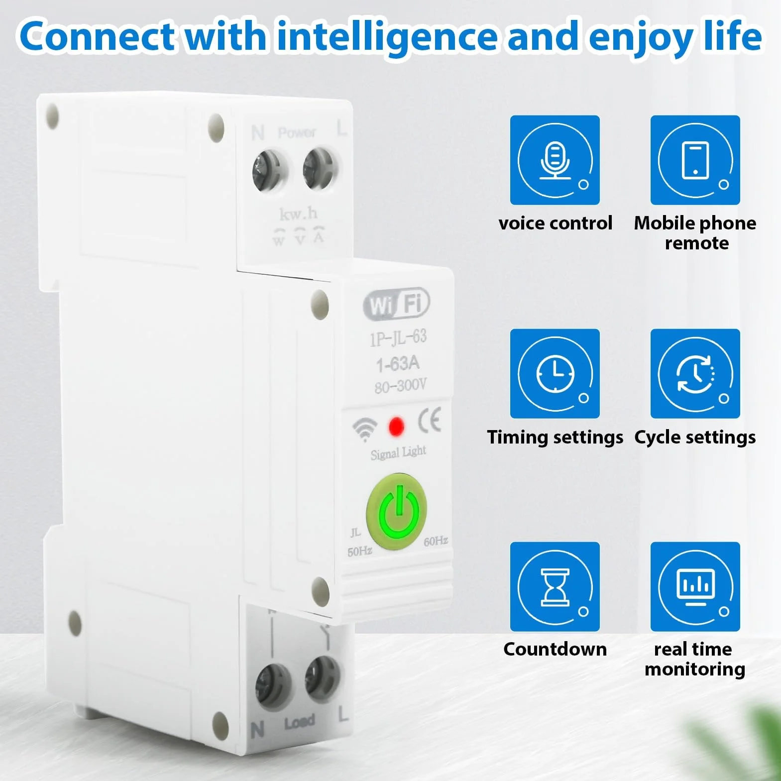 DEWIN Tuya Smart, 1P 63 A 230 VAC przełącznik WiFi inteligentny przełącznik WiFi przekaźnik na szynie DIN zdalne sterowanie za pomocą aplikacji Tuya (1P-JL)
