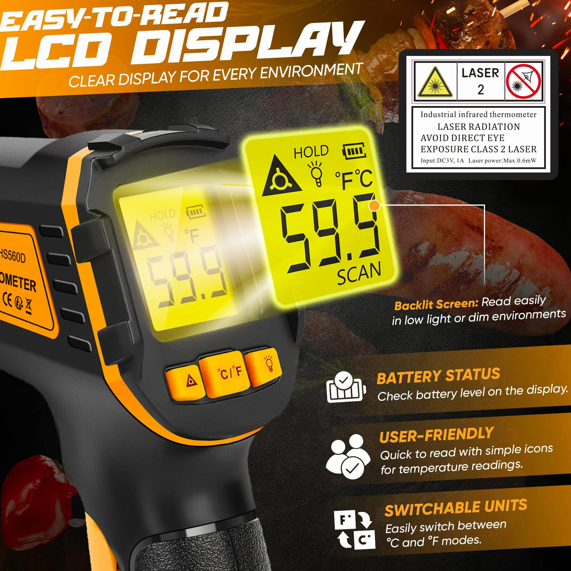 Termometr Podczerwień -50℃~600℃ Bezdotykowy Cyfrowy Laserowy Termometr do Gotowania, Pizzy, Piekarnika, Lodówki, Żywności, Naprawy Samochodu, Zamrażarki, Cukierków