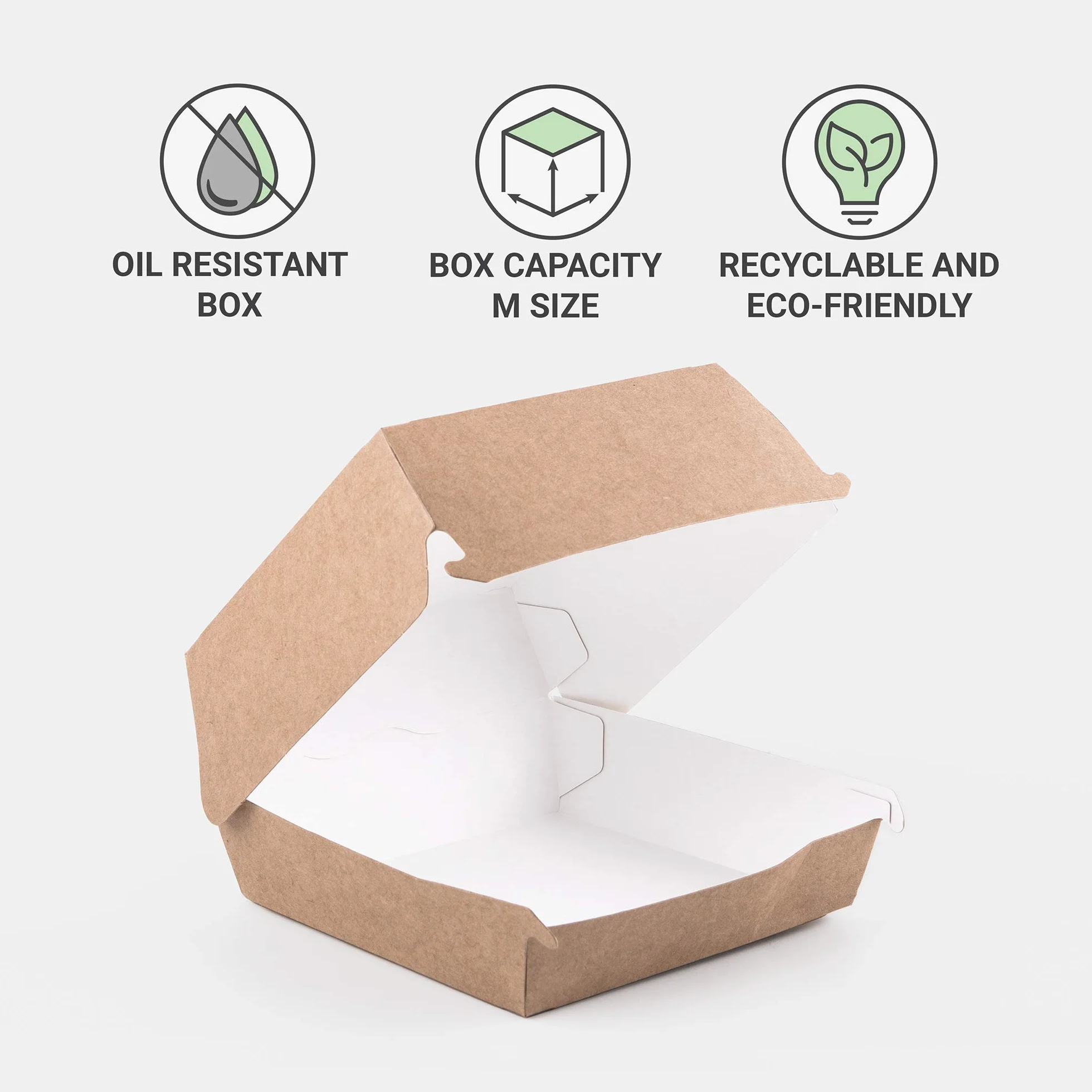 50 sztuk KraftBurger Box rozmiar M pojemniki na żywność Fast Food Takeaway jednorazowe pudełko hamburger zabezpieczone przed wyciekiem, przyjazne dla środowiska, nadają się do recyklingu (50, M)
