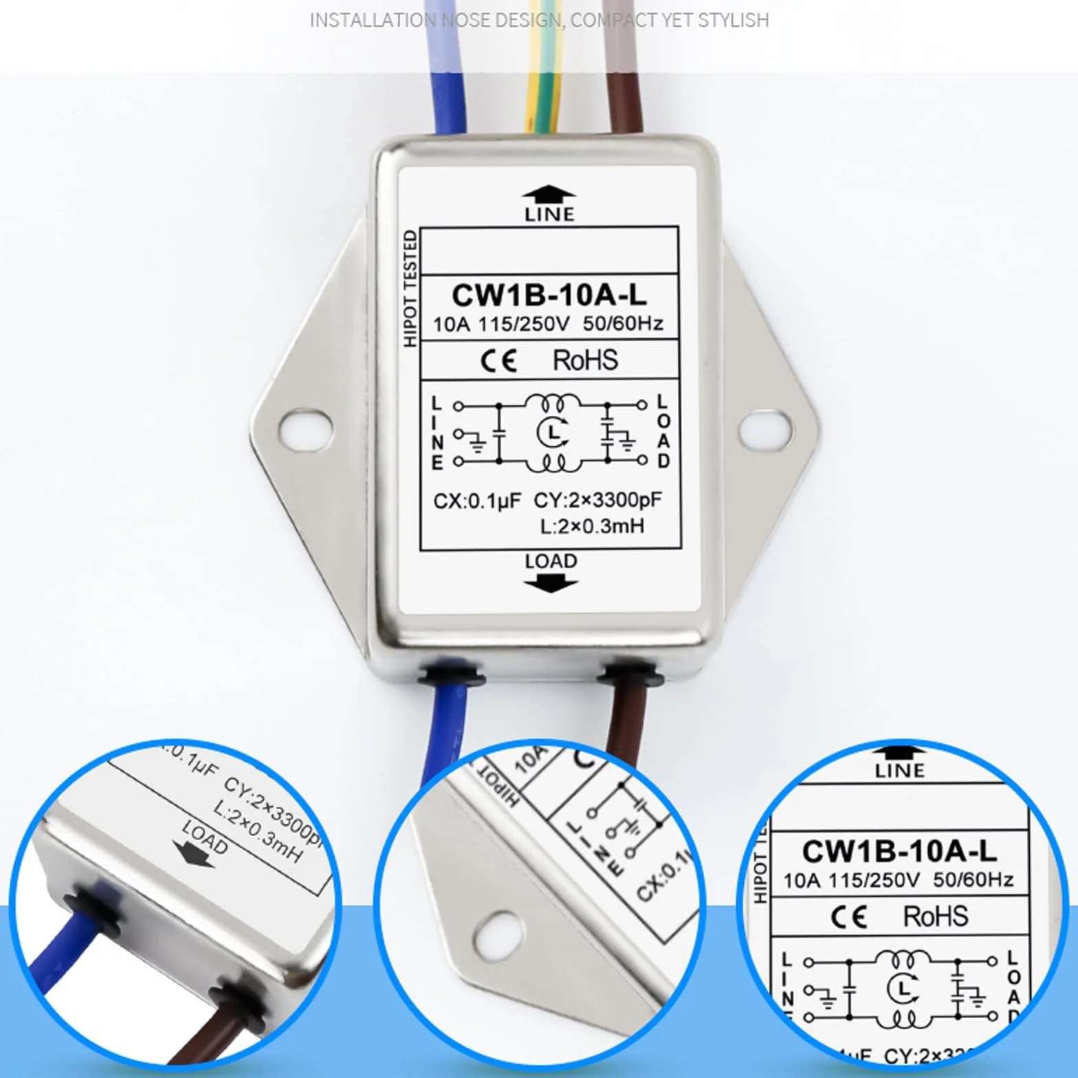 2 filtry EMI, CW1B-10A-L(040), filtr jednofazowy, 250 V, elektromagnetyczny filtr interferencyjny, do tłumienia ciągłych i przerywanych zakłóceń impulsowych