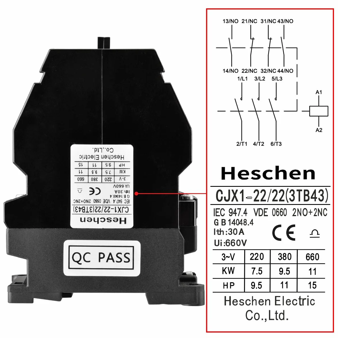 Heschen Stycznik AC, CJX1-22/22, cewka CA220V 50/60Hz, 3-biegunowy, 2NO+2NC, 380V 22A