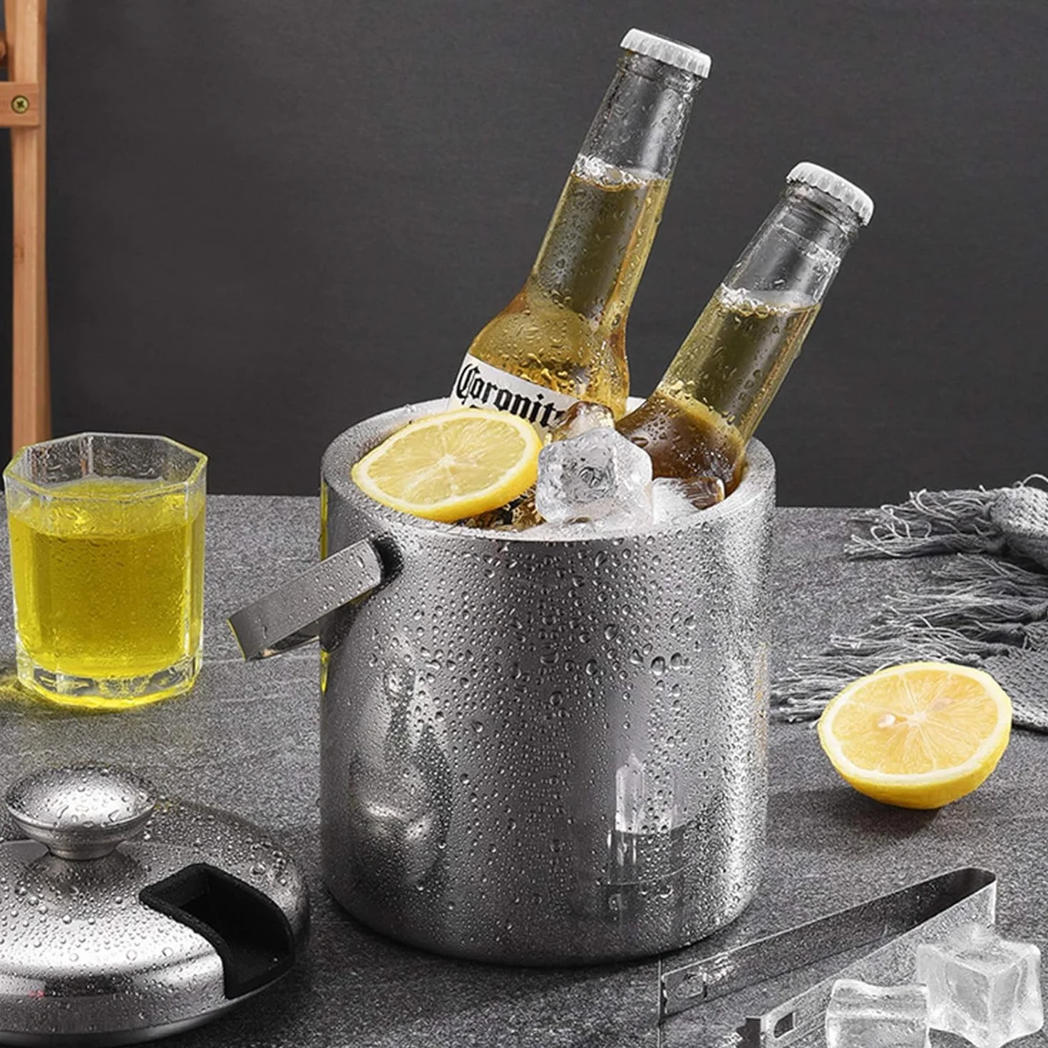 Wiadro na lód 2,2 l, ze szczypcami i sitkiem, ze stali nierdzewnej, pojemnik na lód, do szampana, na kostki lodu, na imprezę, do restauracji, pikniku, piwa, szampana, wina