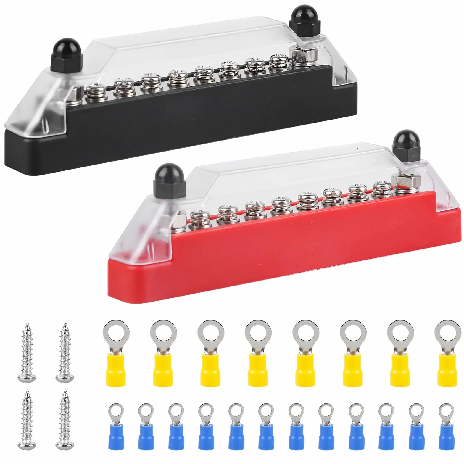 2 sztuki szyn zbiorczych 12 V-48 V DC, blok rozdzielczy, blok rozdzielający 150 A BusBar Box z 6 x bolcami zaciskowymi M8 i 2 x bolce zaciskowe M6, szyny zbiorcze 150 A, blok rozdzielczy, blok szyn