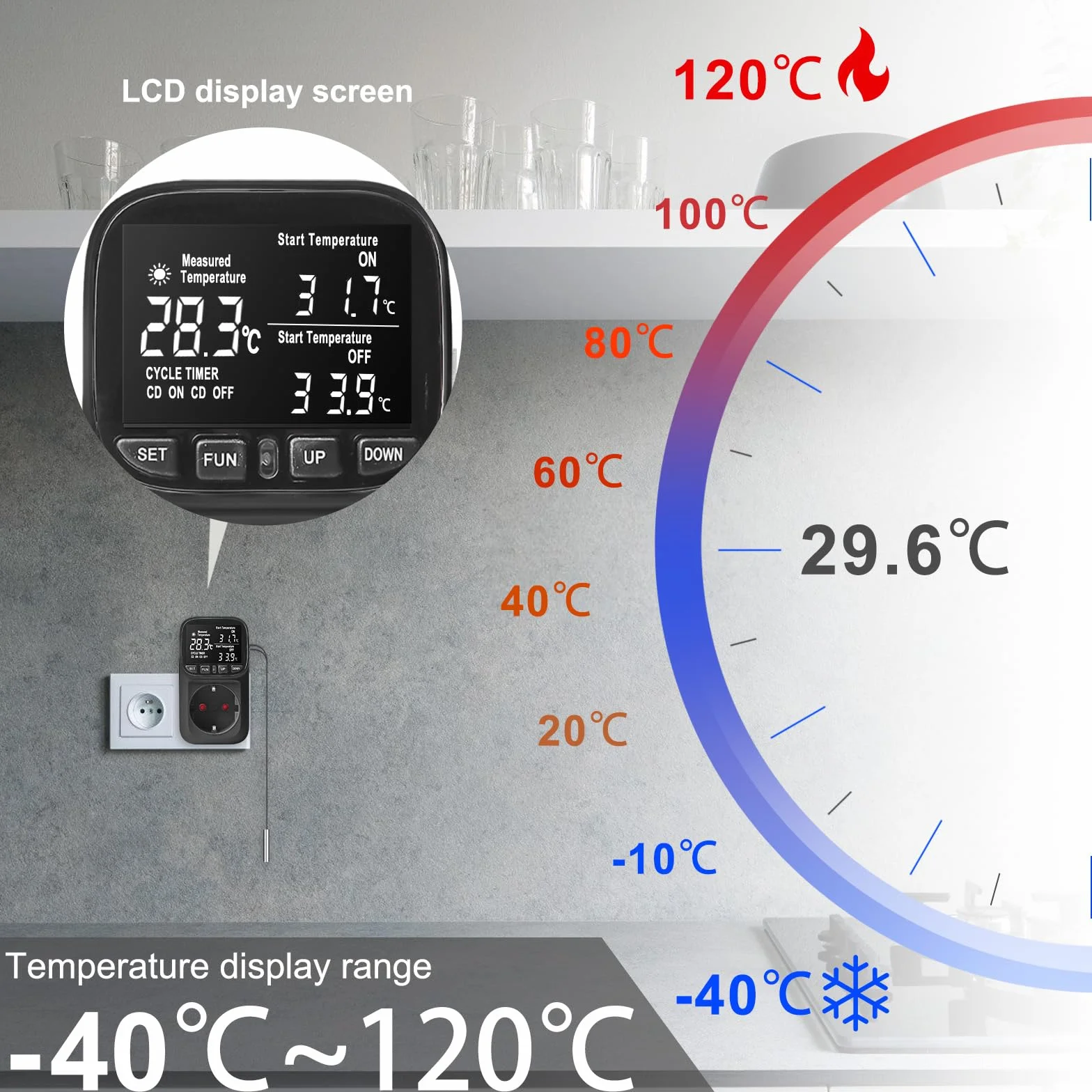 Regulator temperatury, gniazdko elektryczne 230 V, cyfrowy termostat, gniazdko z czujnikiem do trybu ogrzewania i chłodzenia, higrostat, regulator wilgotności, przełącznik temperatury do szklarni