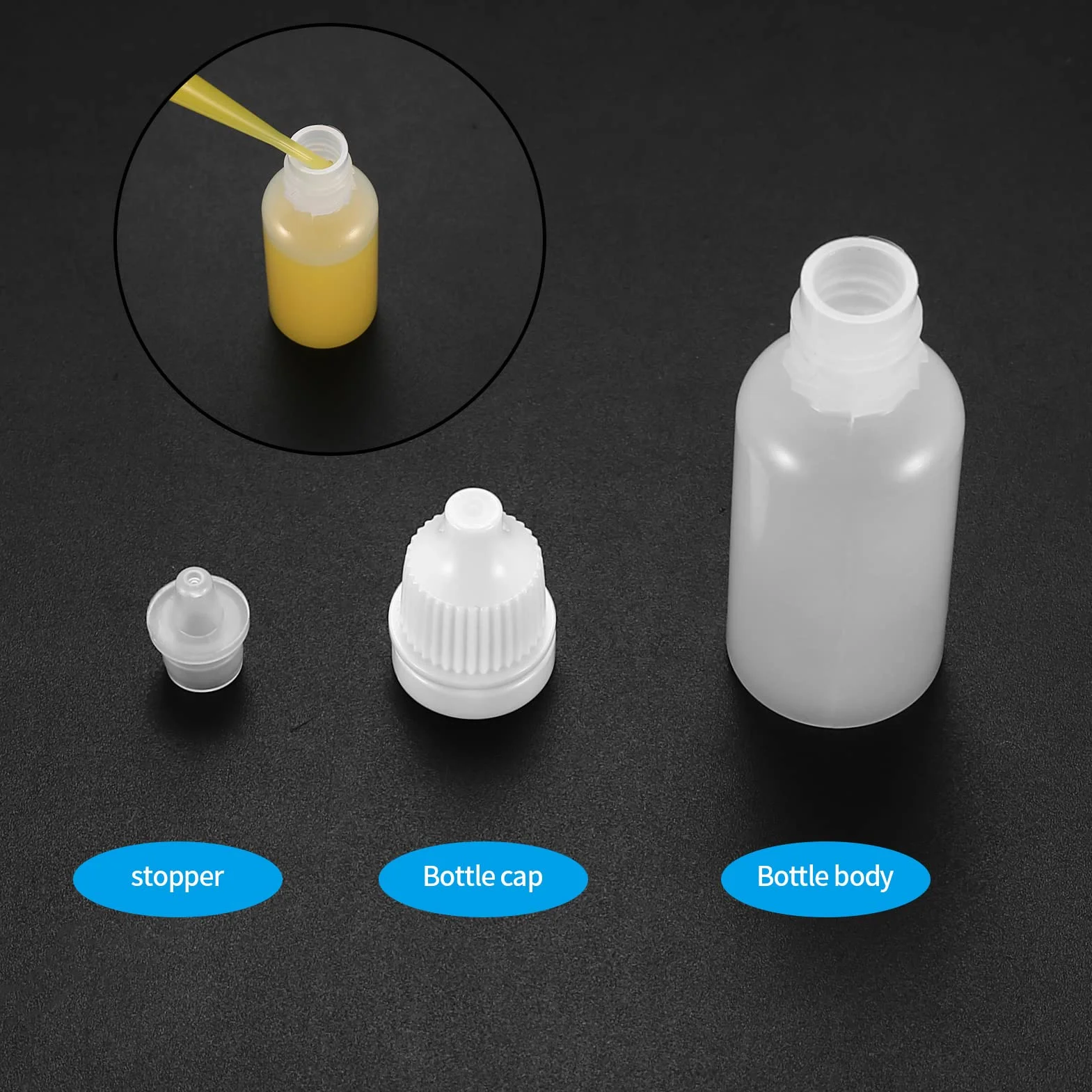 Plastikowe butelki z nakrętką 15 ml, puste, wyciskane do olejek eterycznych, z lejkami/pipetami transferowymi i naklejką, 20 sztuk