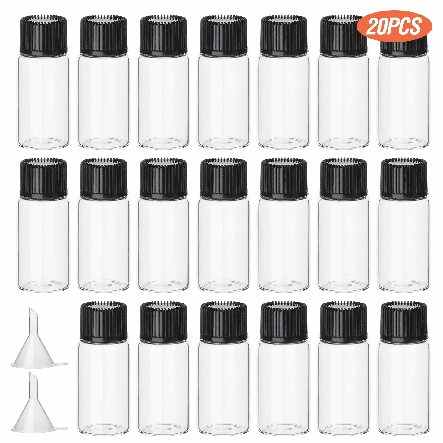 Szklane butelki na próbki 5 ml Hyber&Cara 20 szt. z zakrętką, bonus 2 mini lejki