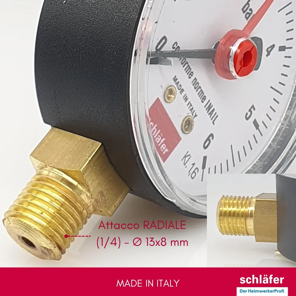 Schläfer 0930164 | 1/4" BSP pionowy manometr hydrauliczny z przyłączem promieniowym, skala 0-6 bar 63 mm do instalacji termicznych powietrza wodnego wskaźnik ciśnienia hydraulicznego