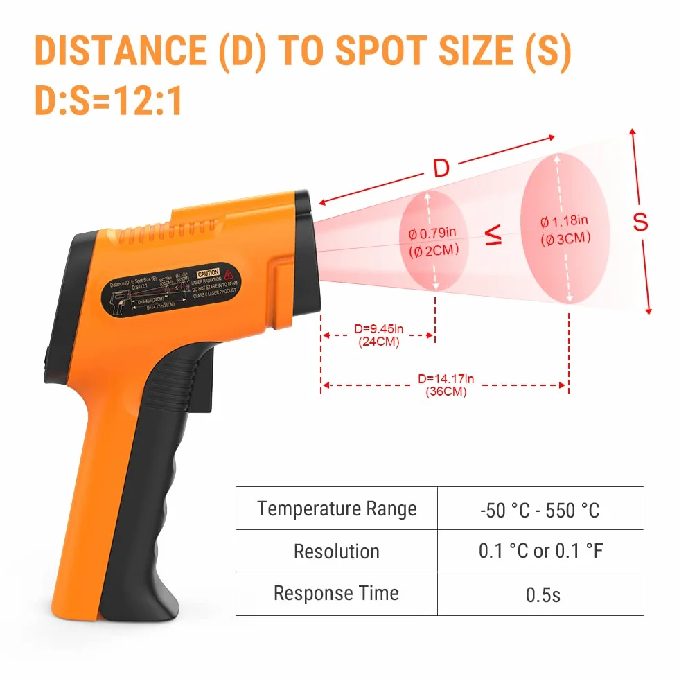 ThermoPro TP30 - termometr na podczerwień, cyfrowy laserowy miernik temperatury -50°C ~ 550°C, regulowany współczynnik emisji, pomiary MAX/MIN/AVG (NIE do użytku na ludziach). Idealny do klimatyzacji