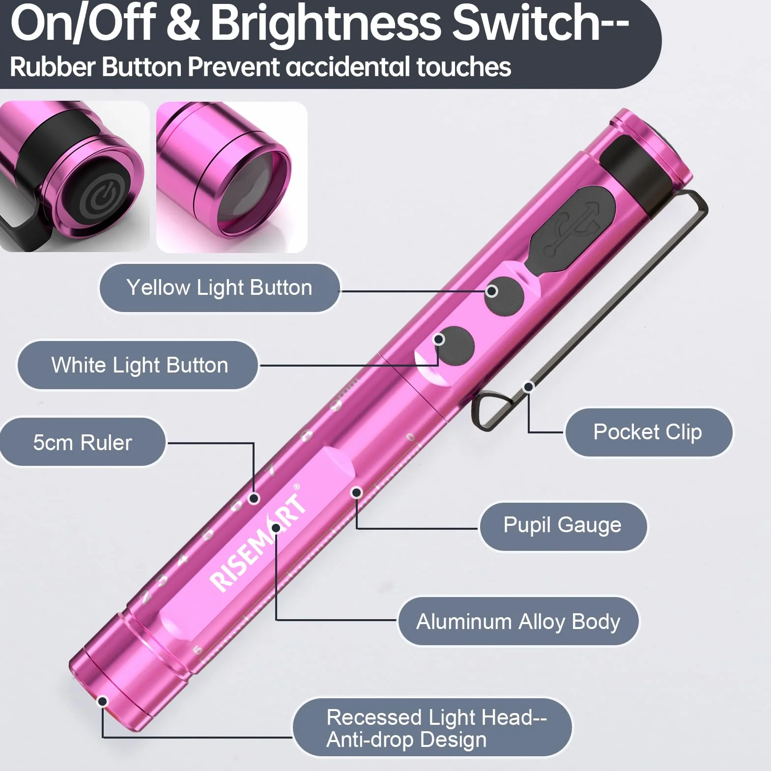 Lampa diagnostyczna, medyczna, z możliwością ponownego ładowania, z kablem USB, ciepła / zimna biel i bezstopniowe ściemnianie, przenośna, aluminiowa, medyczna lampa źrenicy z klipsem (różowa)