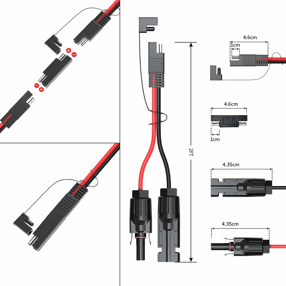 ELFCULB Złącze słoneczne 10AWG 2FT adapter SAE przedłużacz panelu słonecznego z polaryzacją SAE