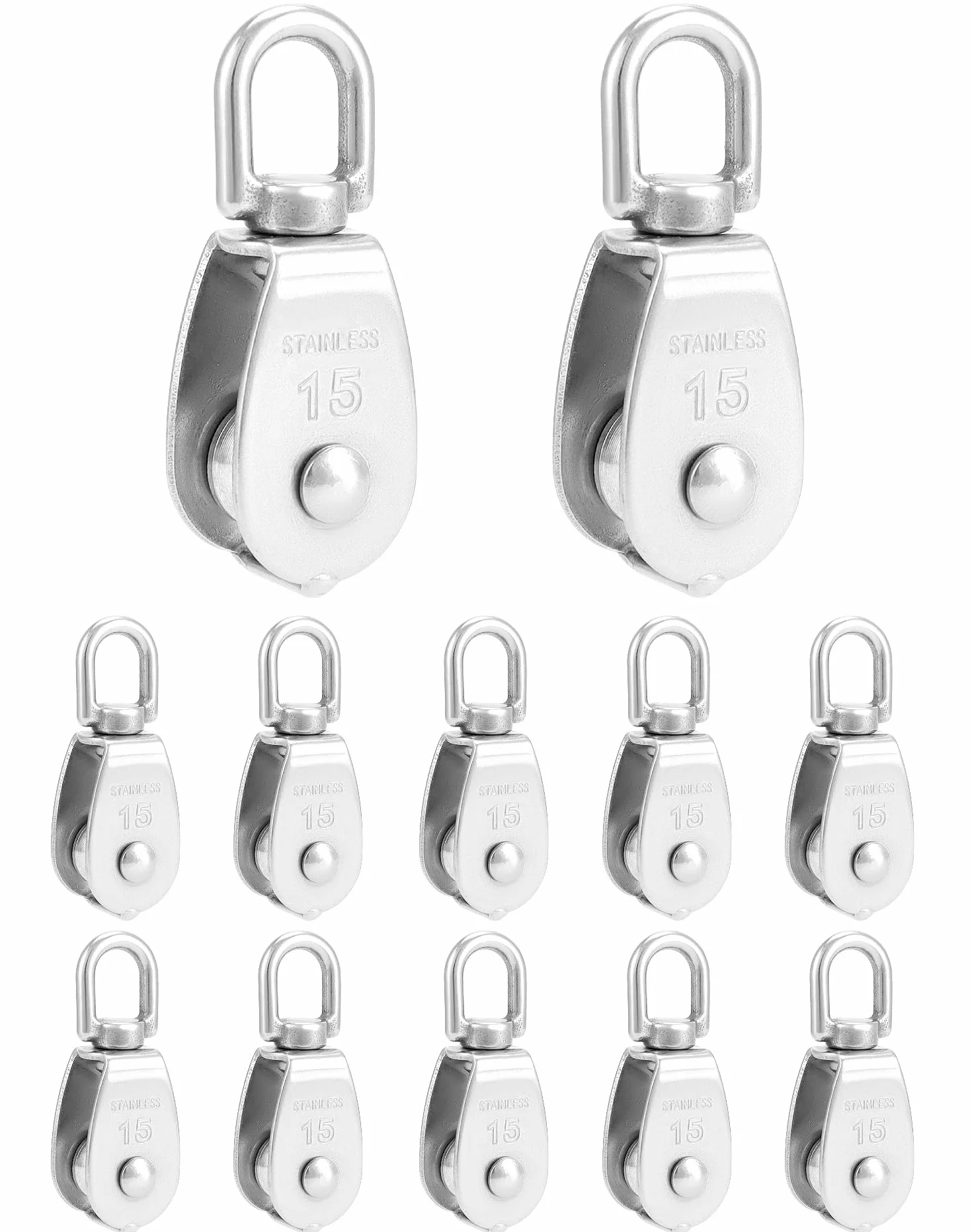 QWORK® 12 sztuk bloczek M15, bloczki ze stali nierdzewnej 304 do lin stalowych o średnicy do 6 mm, nośność 35 kg