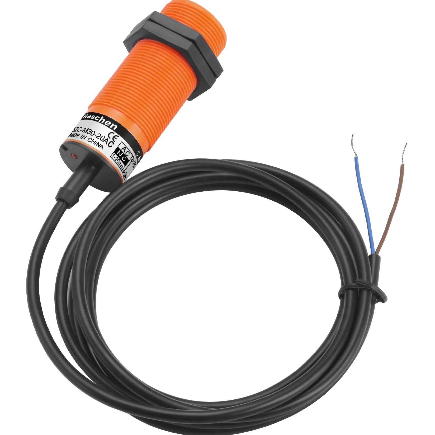 Heschen Pojemnościowy czujnik zbliżeniowy M30, SZC-M30-20AC, odległość wykrywania 1-20 mm, 20-250 VAC 400mA, normalnie zamknięty (NC), 2 przewody