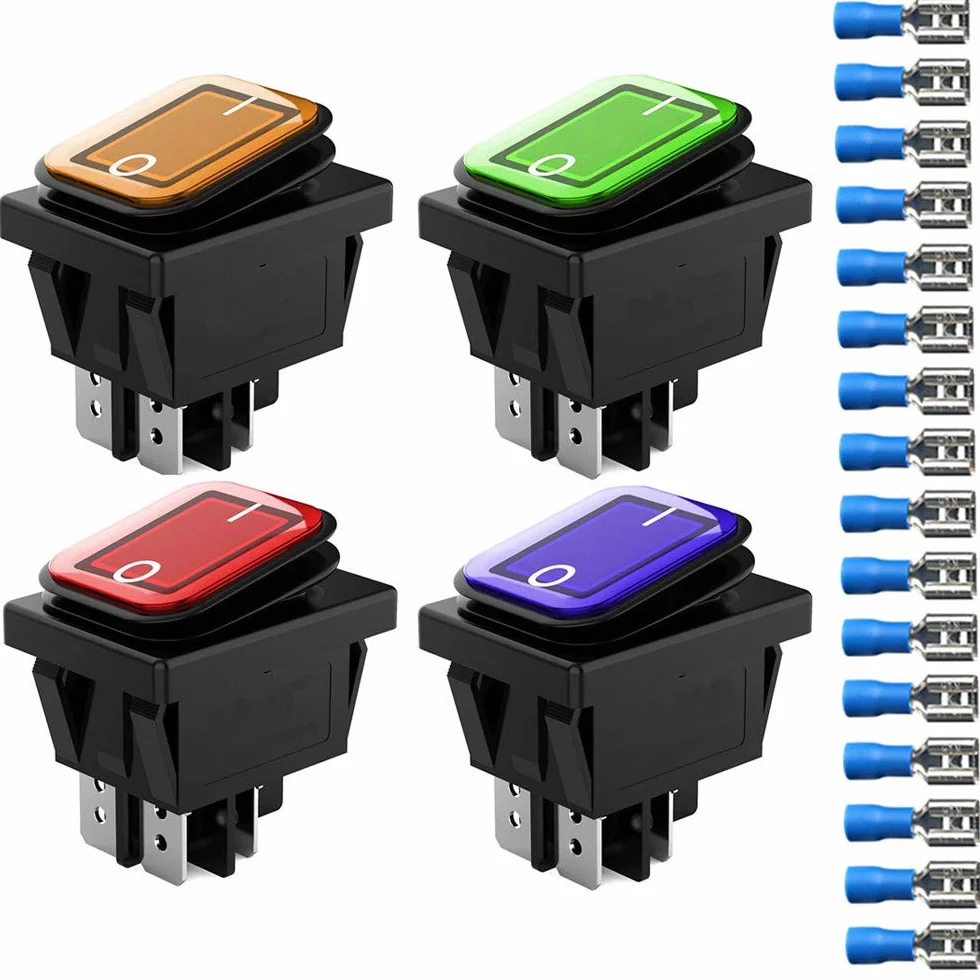 Gebildet 4 Szt. 230 V Ac Dpst 4 Piny 2 Pozycje Wł./Wył. Czerwony/Niebieski/Żółty/Zielony Led Light Podświetlany Wodoodporny Przełącznik Kołyskowy Przełącznik Dwupozycyjny (16 Szt. Złącze Przewodu)