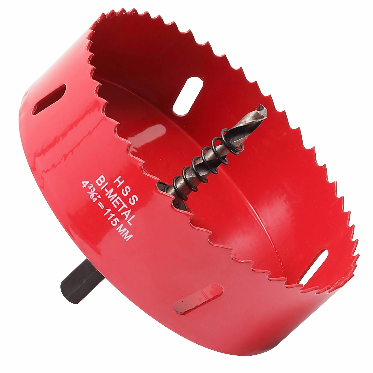 Otwornica 115 mm, stal szybkotnąca HSS M42, bimetalowa, otwornica z trzpieniem sześciokątnym i wiertłem do drewna, suchej zabudowy i blachy metalowej, 1 sztuka, czerwona