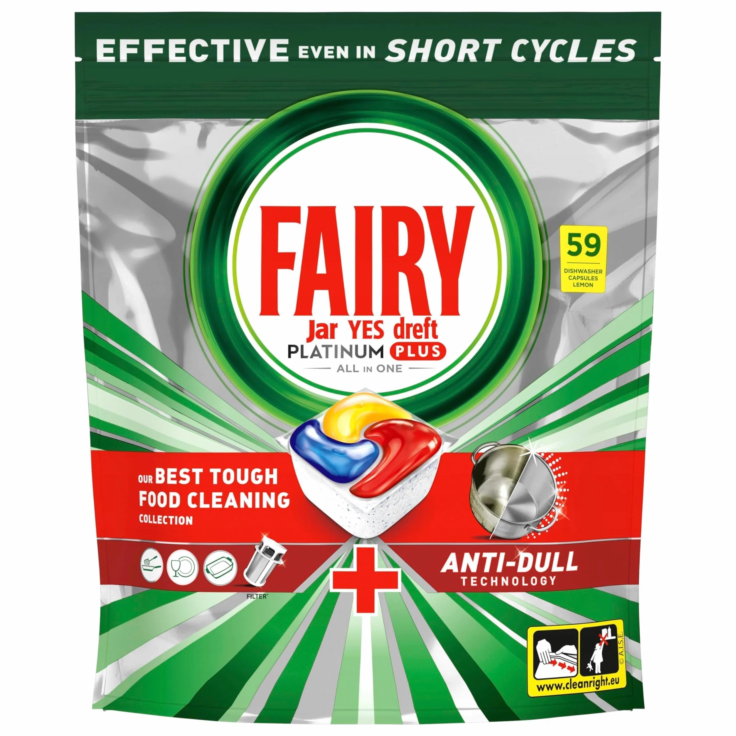 Fairy Platinum Plus, Kapsułki do zmywarki, Fresh, All-in-One, 59 sztuk, System mycia wstępnego, Usuwa osad i tłuste plamy