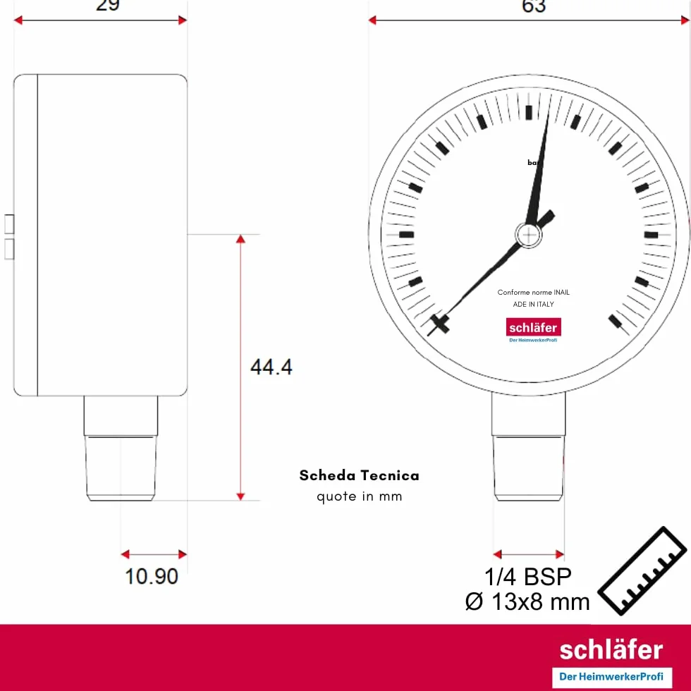 Schläfer 0930164 | 1/4" BSP pionowy manometr hydrauliczny z przyłączem promieniowym, skala 0-6 bar 63 mm do instalacji termicznych powietrza wodnego wskaźnik ciśnienia hydraulicznego
