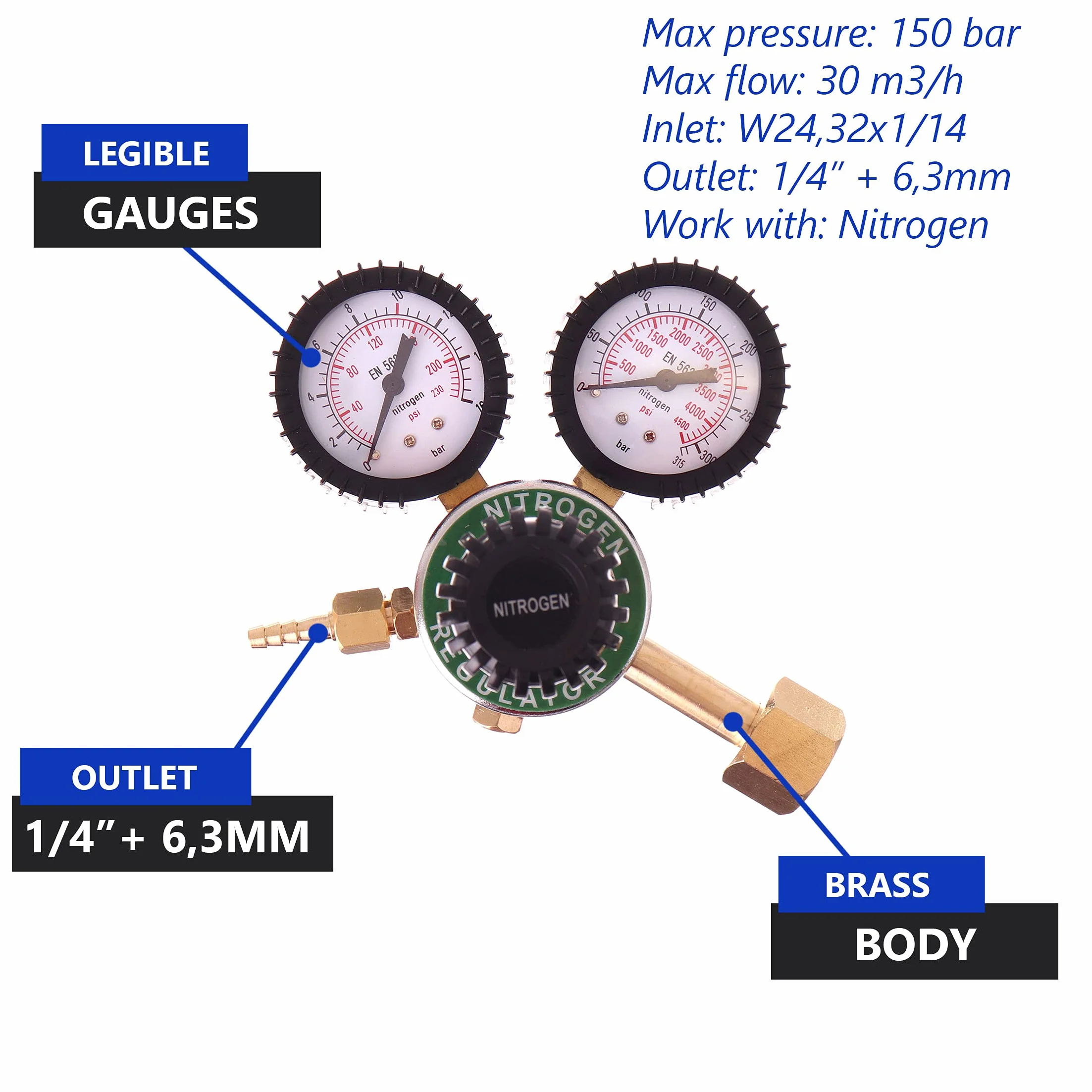 TECHNIC Reduktor Ciśnienia Powietrza do Regulatora Gazu Azotowego Odpowiedni Do Spawania Mig Mag Tig, 2 Manometry, Zawór Bezpieczeństwa Max. Przepływ 30 m3/h, Ciśnienie Wlotowe 150 Bar