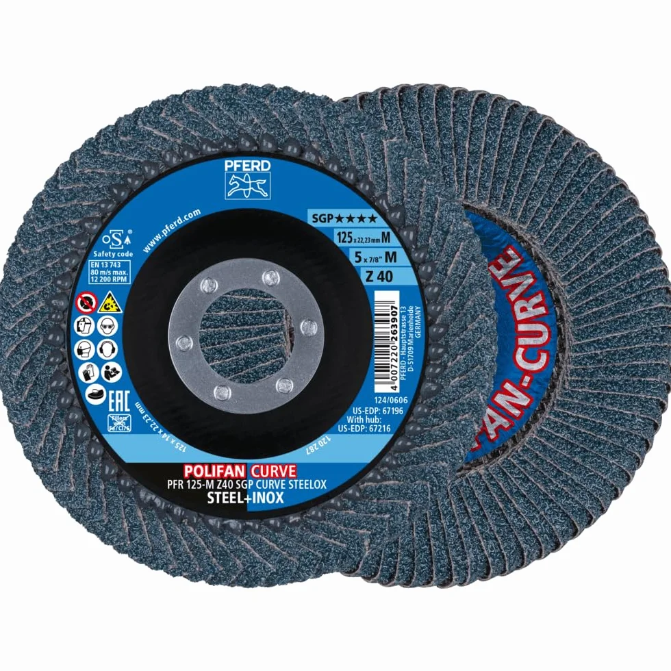 PFERD Tarcza wachlarzowa POLLIFAN CURVE 2 sztuki | Ø 125 mm, szerokość M (11 mm), Z40, SGP STEELOX | 69398197 do precyzyjnej obróbki spoin pachwinowych