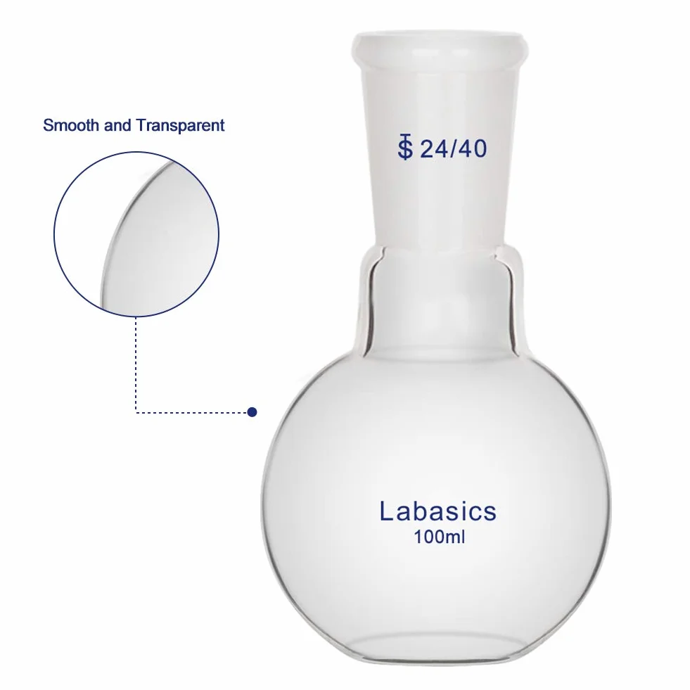 Labasics szklana butelka 100 ml pojedyncza szyjka płaska butelka do gotowania z płaskim dnem, ze standardowym stożkiem 24/40 - 100 ml