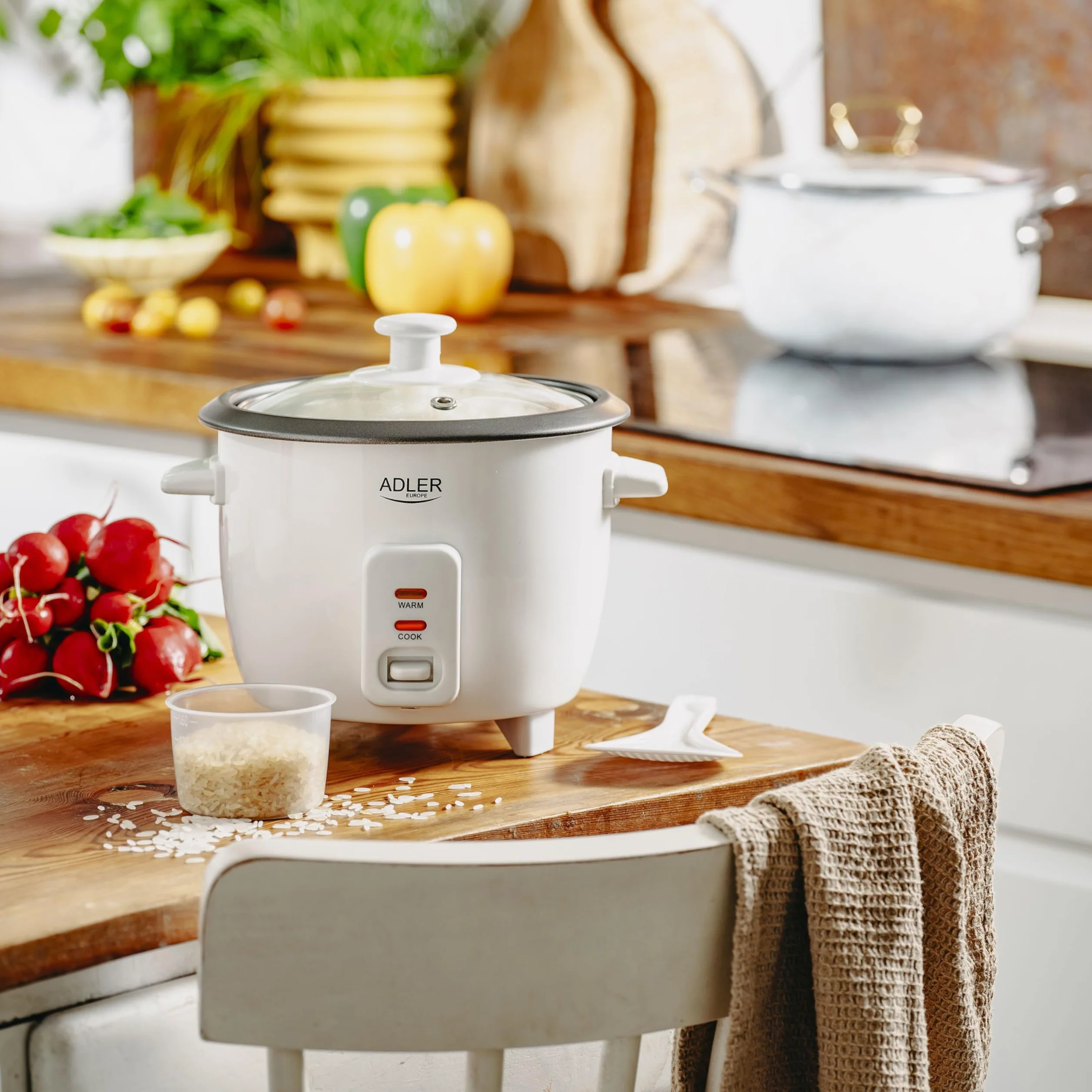 ADLER EUROPE AD 6418 Kompaktowy Ryżowar 0,6L Nieprzywierający Szklaną Pokrywką Biały