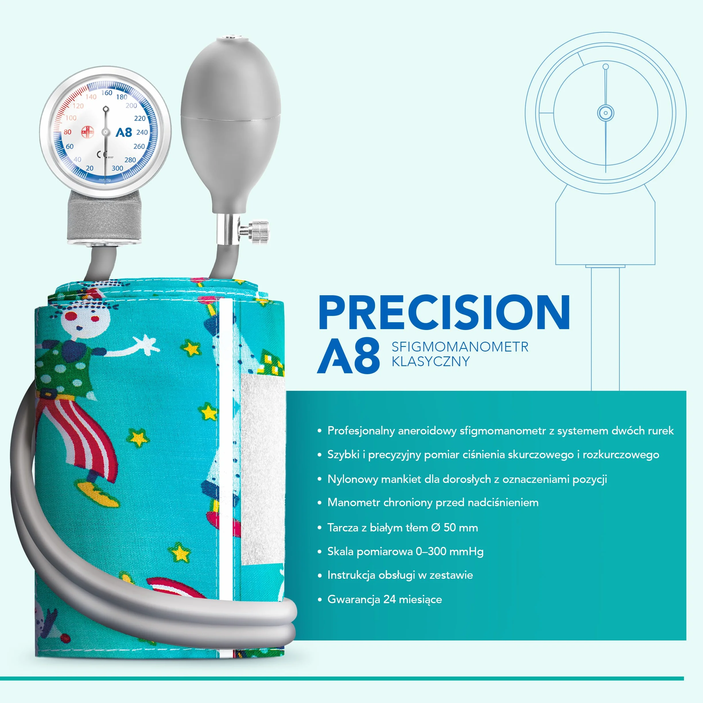 AIESI® Ciśnieniomierz Profesjonalny Pediatryczny aneroid klasyczny model dla dzieci PRECISION A8, 24 miesiące Gwarancji