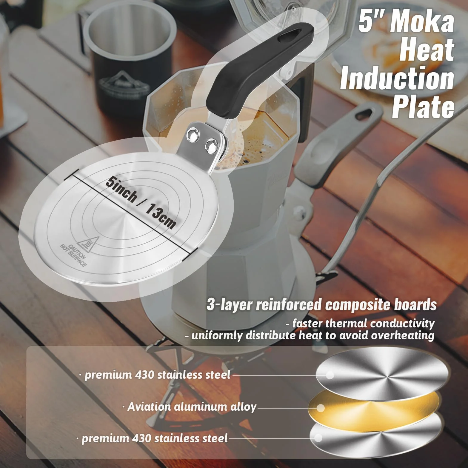 Uniwersalna płyta indukcyjna Ø 13 cm, mały adapter indukcyjny z uchwytem termoizolacyjnym ze stali nierdzewnej do garnków Moka, ekspresów do kawy i dzbanków do kawy na płytach indukcyjnych