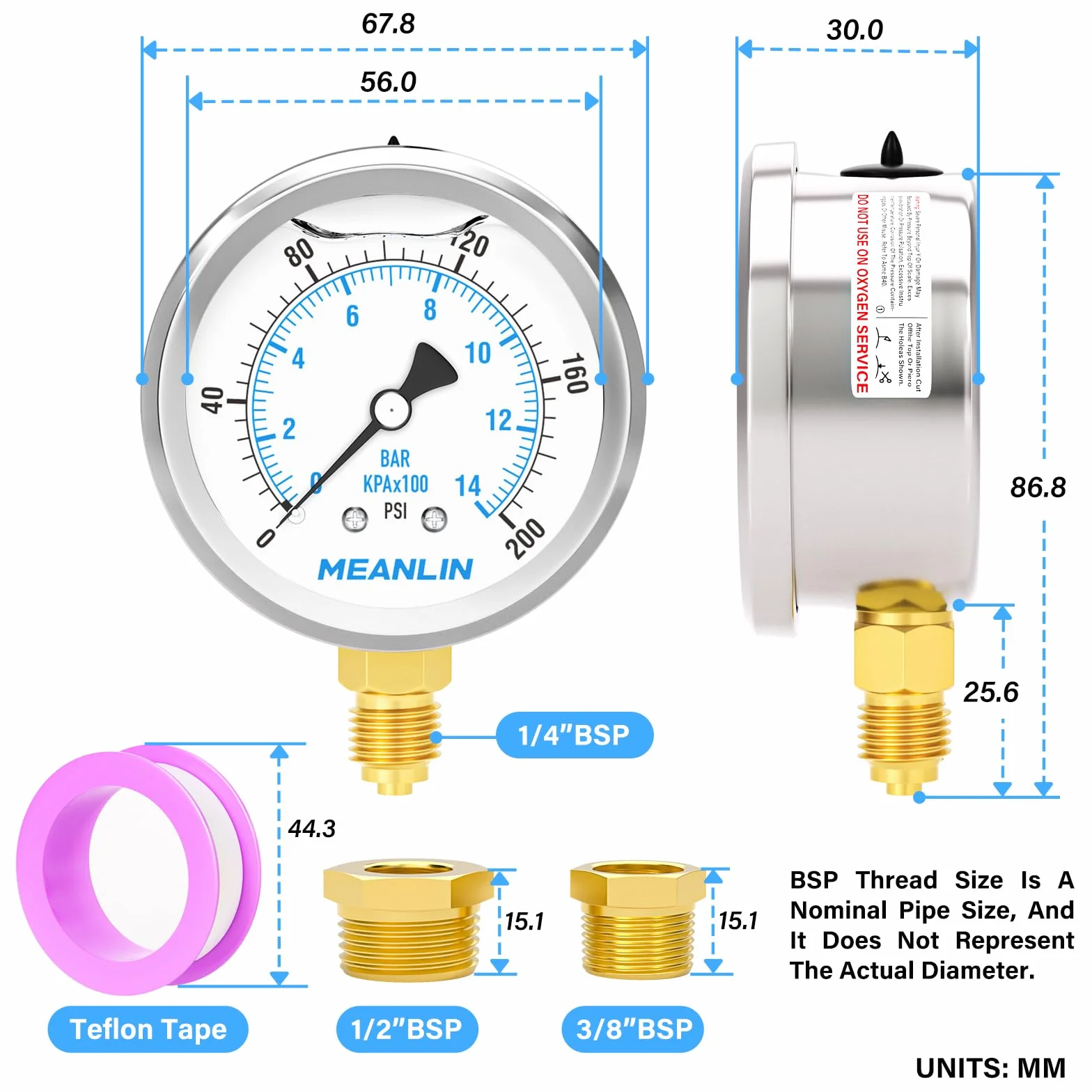 MEANLIN MEASURE manometr napełniony płynem 0-14 BAR 0-200 PSI stal nierdzewna 1/4" BSP 2,5" FACE DIAL