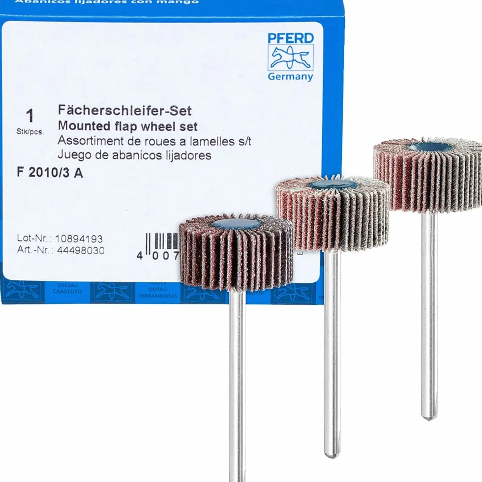 PFERD Zestaw szlifierek wachlarzowych F 3-częściowy korund Ø 20 x 10 mm trzpień 3 mm A80 120 180 do szlifowania końcowego i wykończenia