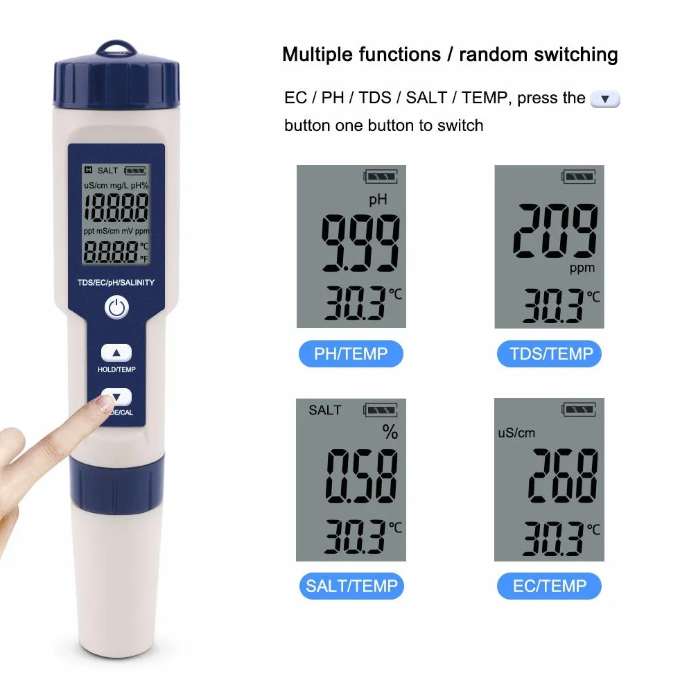 Haofy 5-w-1 tester wody Wielofunkcyjny cyfrowy miernik TDS/EC/zasolenia/pH/temperatury