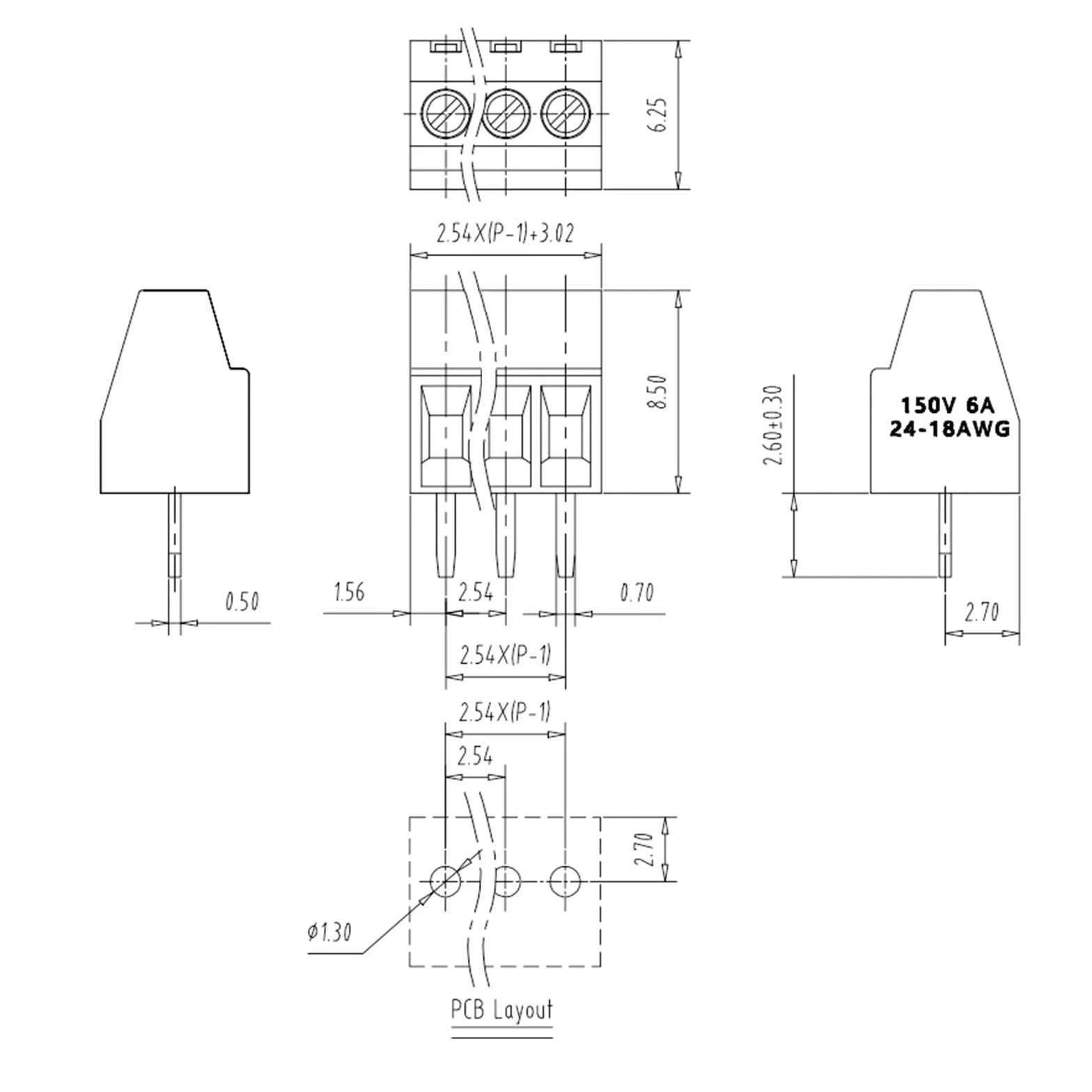 60 sztuk zacisków śrubowych PCB, 2,54 mm 0,1" Pitch PCB Mount Screw Terminal Block,2P 3P 4P Terminal 6A do kabli 26-18AWG