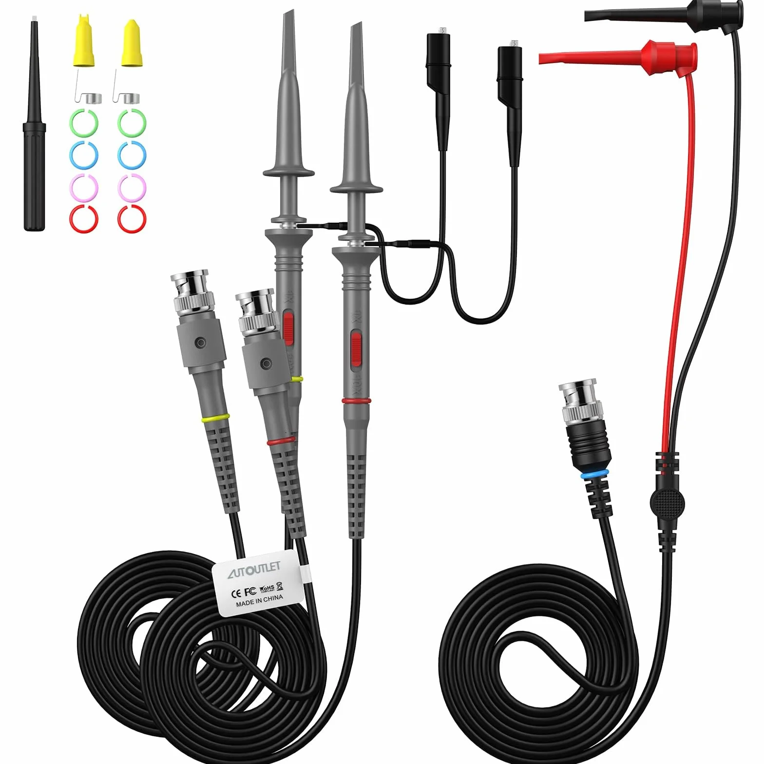 AUTOUTLET 2 zestawy P6100 sondy oscyloskopowe 100MHz z zaciskowanymi sondami BNC do Minigrabber zestaw przewodów testowych 10:1 i 1:1 przełączalna szerokość pasma
