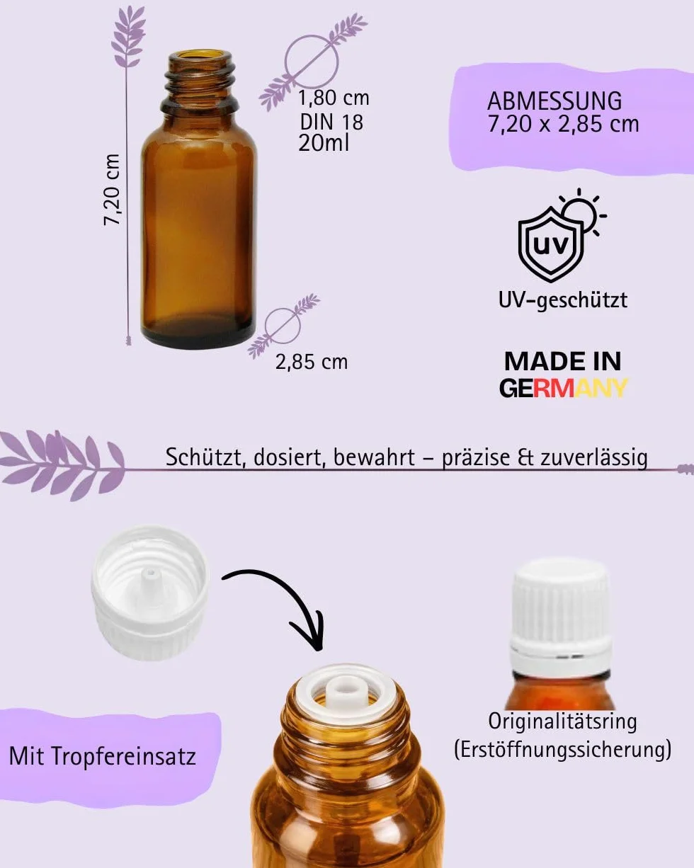 Butelki farmaceutyczne 10 x 20 ml | butelki farmaceutyczne ze szkła chroniącego przed promieniowaniem UV | butelki z zakraplaczem z brązowego szkła z zamknięciem ka
