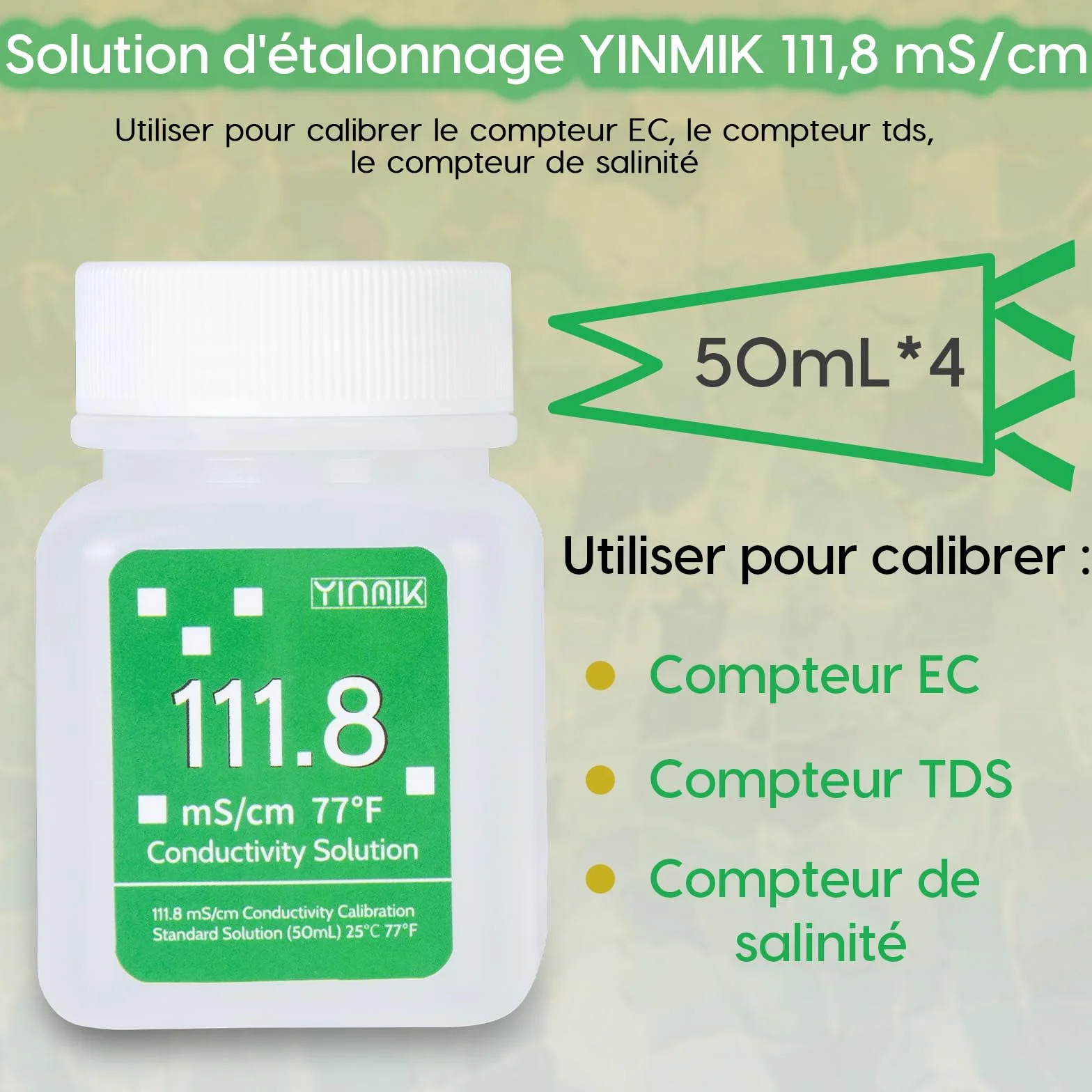 YINMIK Roztwór kalibracyjny EC 111,8 mS/cm do testera zasolenia 5 w 1, miernik EC, TDS, 4 x 50 ml