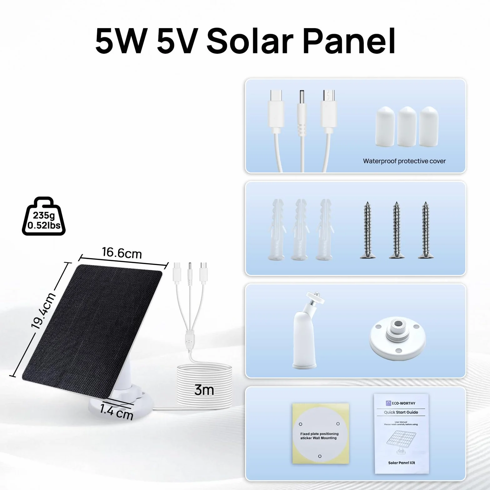 ECO-WORTHY Panel słoneczny 5 W do kamery monitoringu na zewnątrz, moduł solarny 5 V BC, sprawność 25%, wtyczka 3 w 1 o długości 3 m, regulacja 360°, IP65, do kamery zewnętrznej