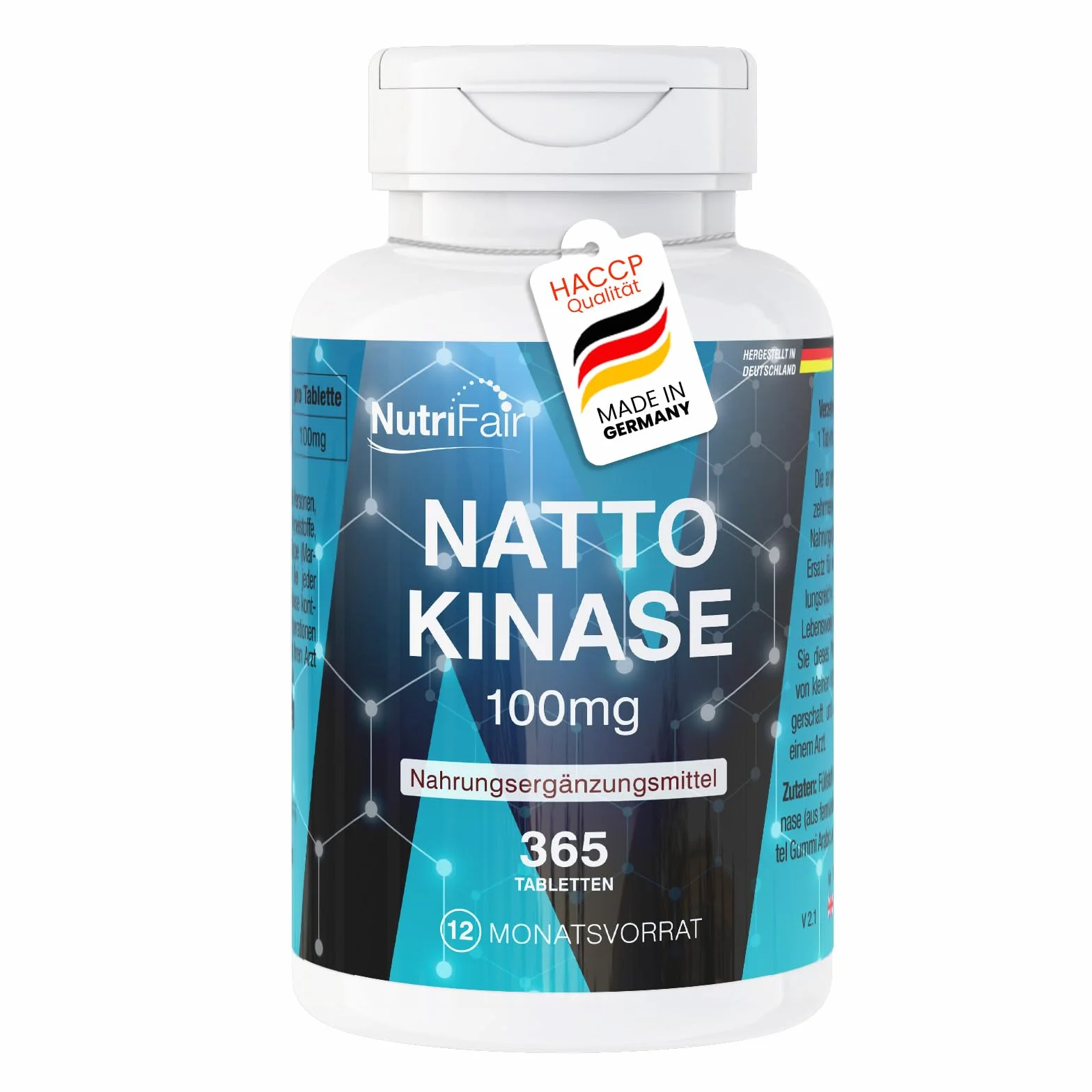 Nattokinaza 100mg (20.000 FU/g) – 365 tabletek – enzym natto – wysoka dawka – 100% wegański – produkcja i badania laboratoryjne w Niemczech – NutriFair | Premium & Fair