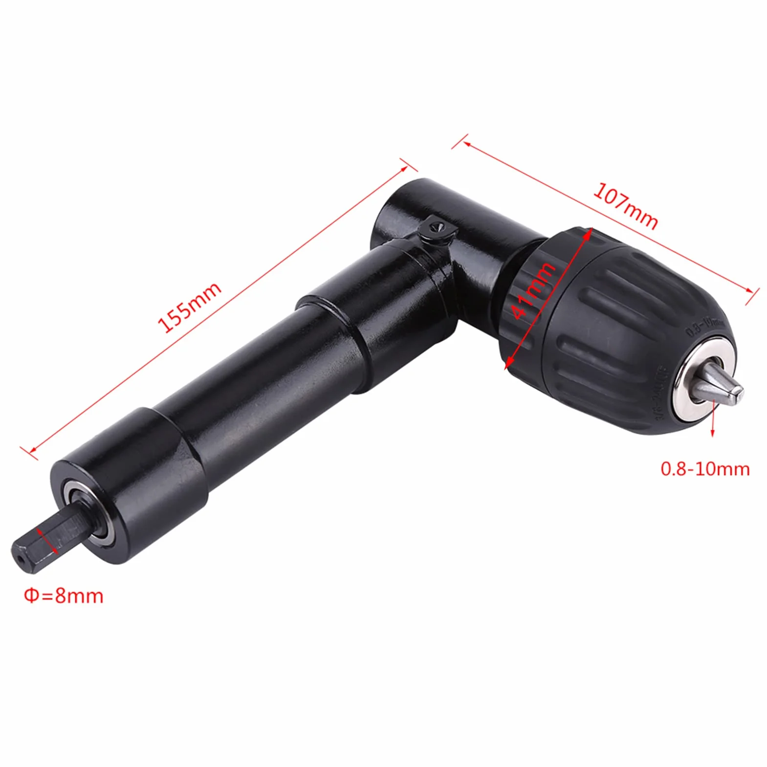 Uchwyt bezkluczowy Adapter do wiercenia pod kątem prostym pod kątem 90 stopni z przedłużeniem gięcia wykonanym z aluminium i stali narzędziowej, nasadka do wiercenia pod kątem prostym - nasadka do wiertarki kątowej 8 mm
