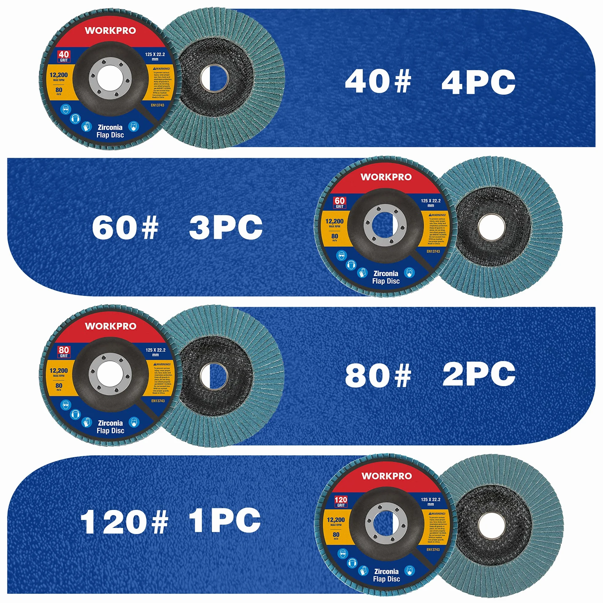 WORKPRO Profesjonalne tarcze wachlarzowe 125 mm 22,2 mm ziarnistość 40/60/80/120 do stali nierdzewnej 10 sztuk